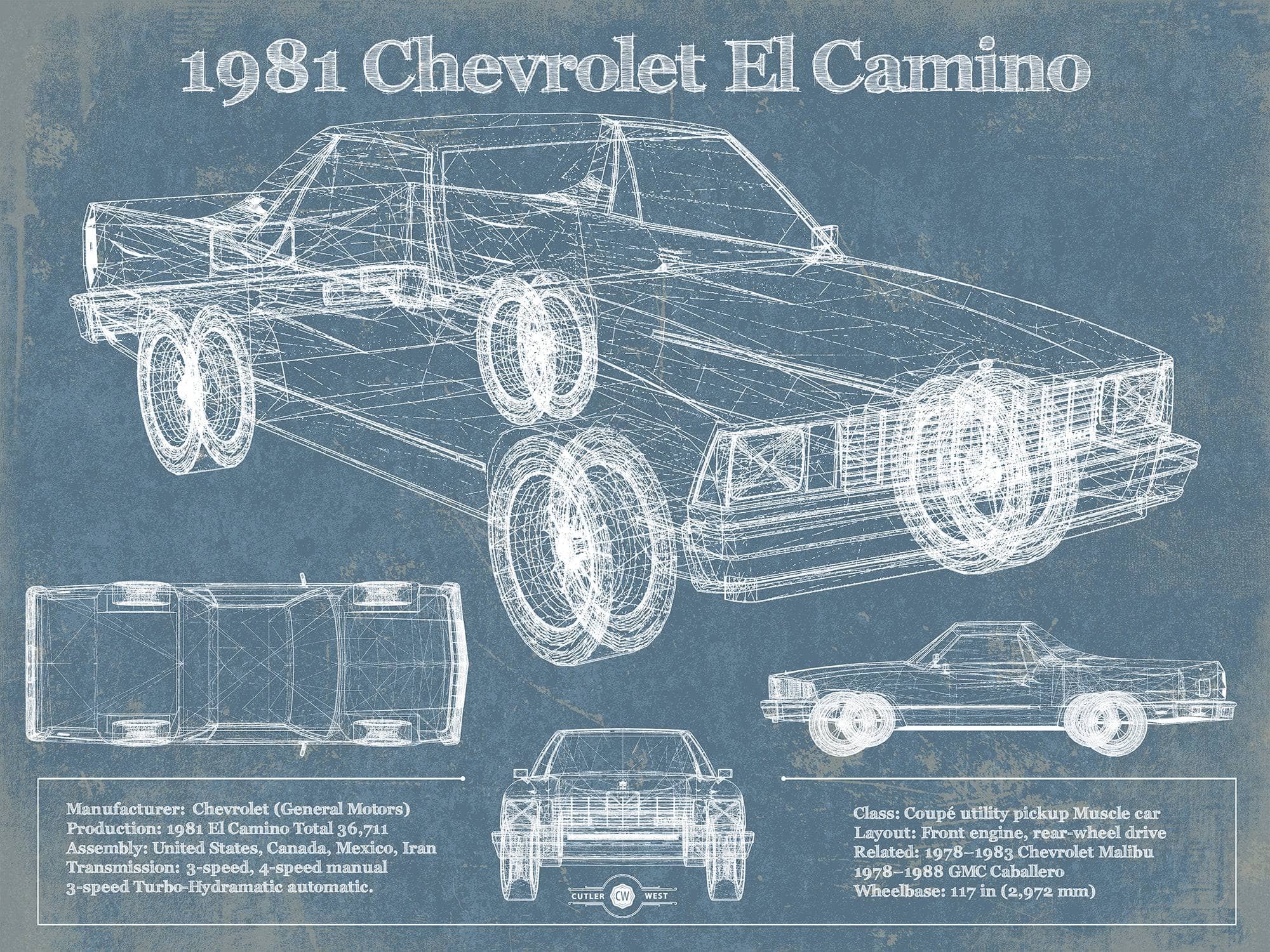 Cutler West Chevrolet Collection 1981 Chevrolet El Camino Vintage Blueprint Auto Print