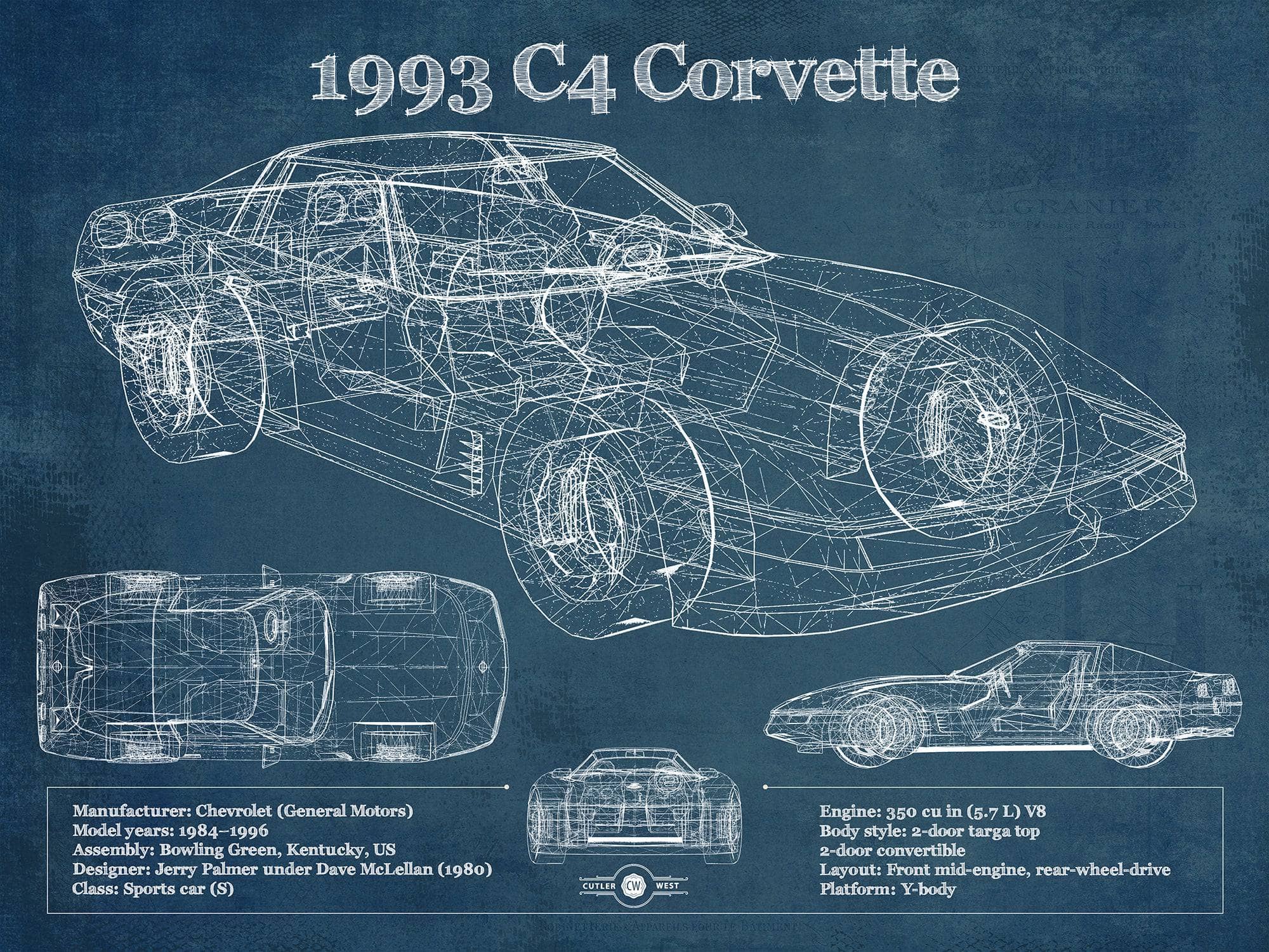 Cutler West Chevrolet Collection 1993 Chevrolet C4 Corvette Blueprint Vintage Auto Print