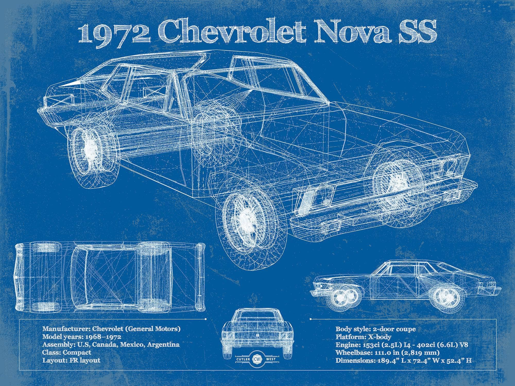 Cutler West Chevrolet Collection 1972 Chevrolet Nova SS Blueprint Vintage Auto Patent Print