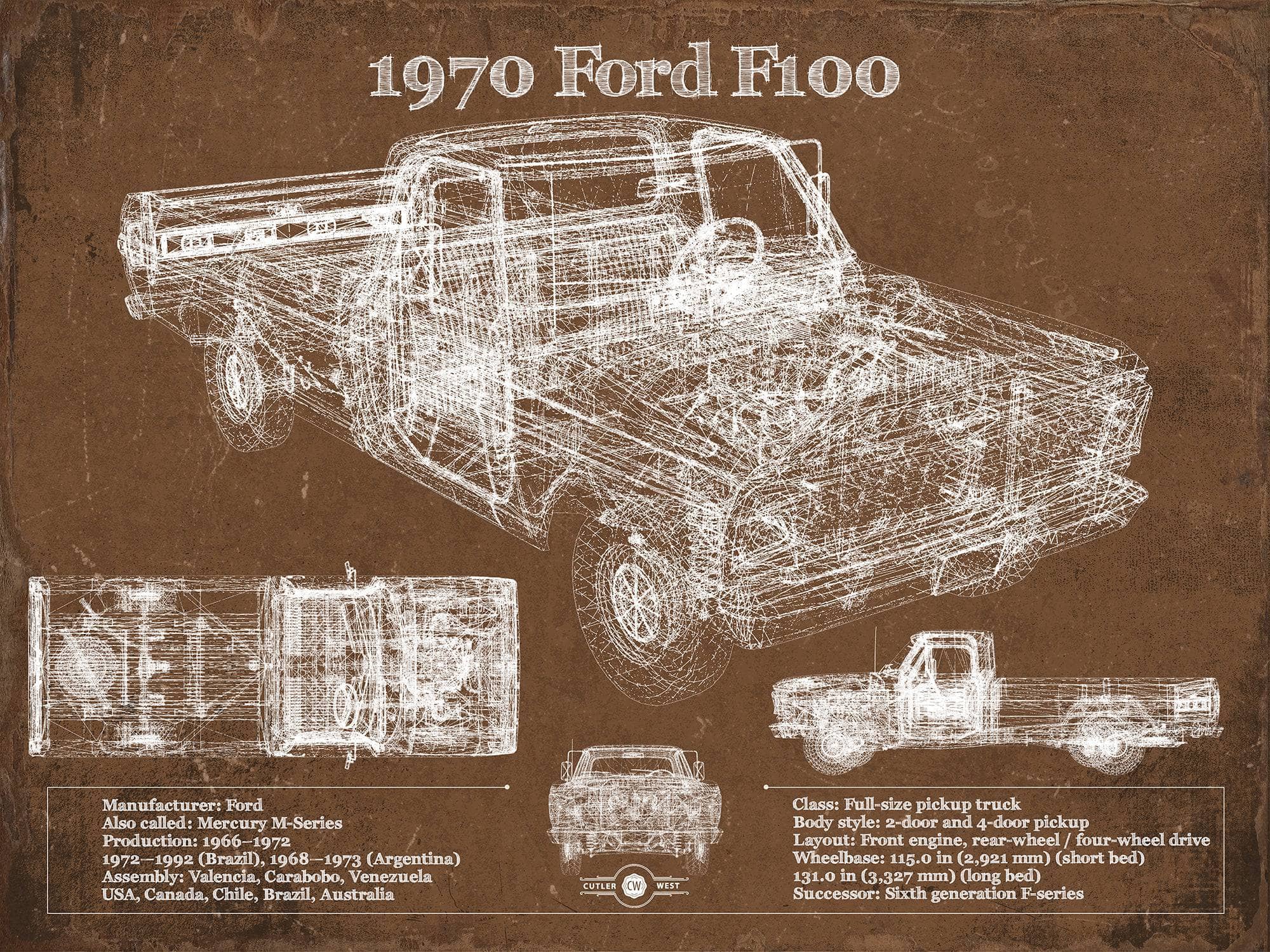 Cutler West Ford Collection 1970 Ford F100 Vintage Blueprint Auto Print