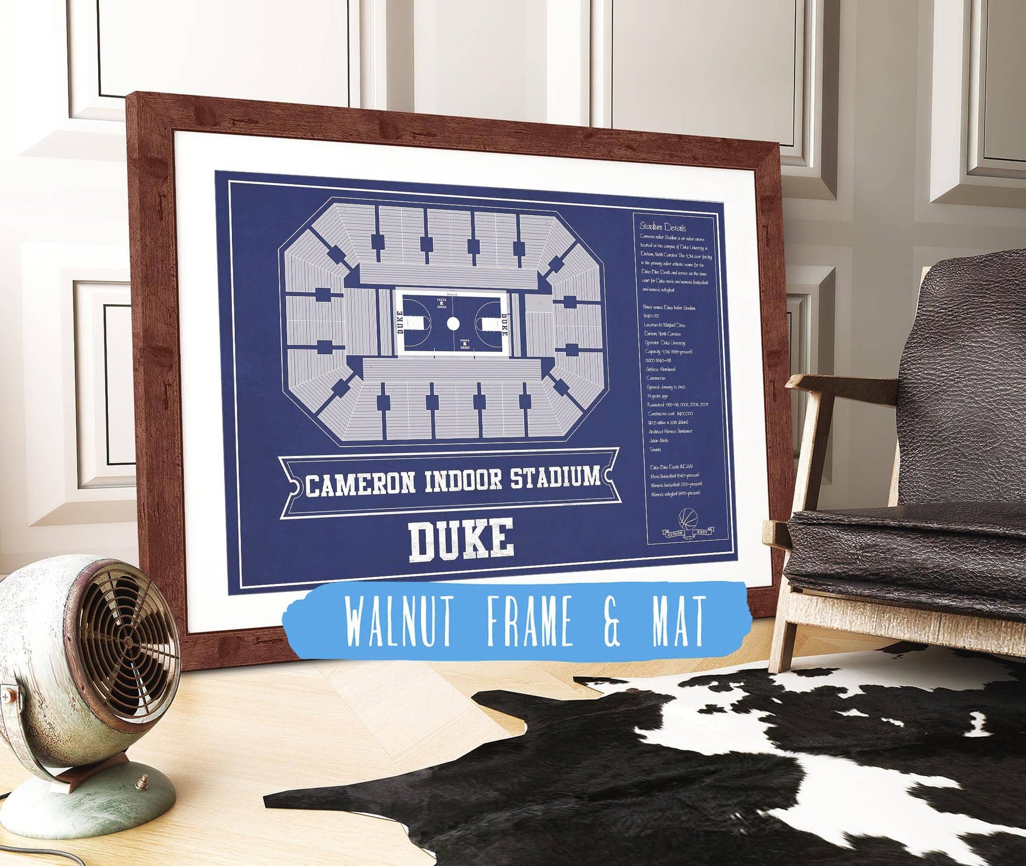 Cutler West Basketball Collection 14" x 11" / Walnut Frame & Mat Duke Blue Devils - Cameron Indoor Stadium Seating Chart Team Color - College Basketball Blueprint Art 818516004-TOP_83100