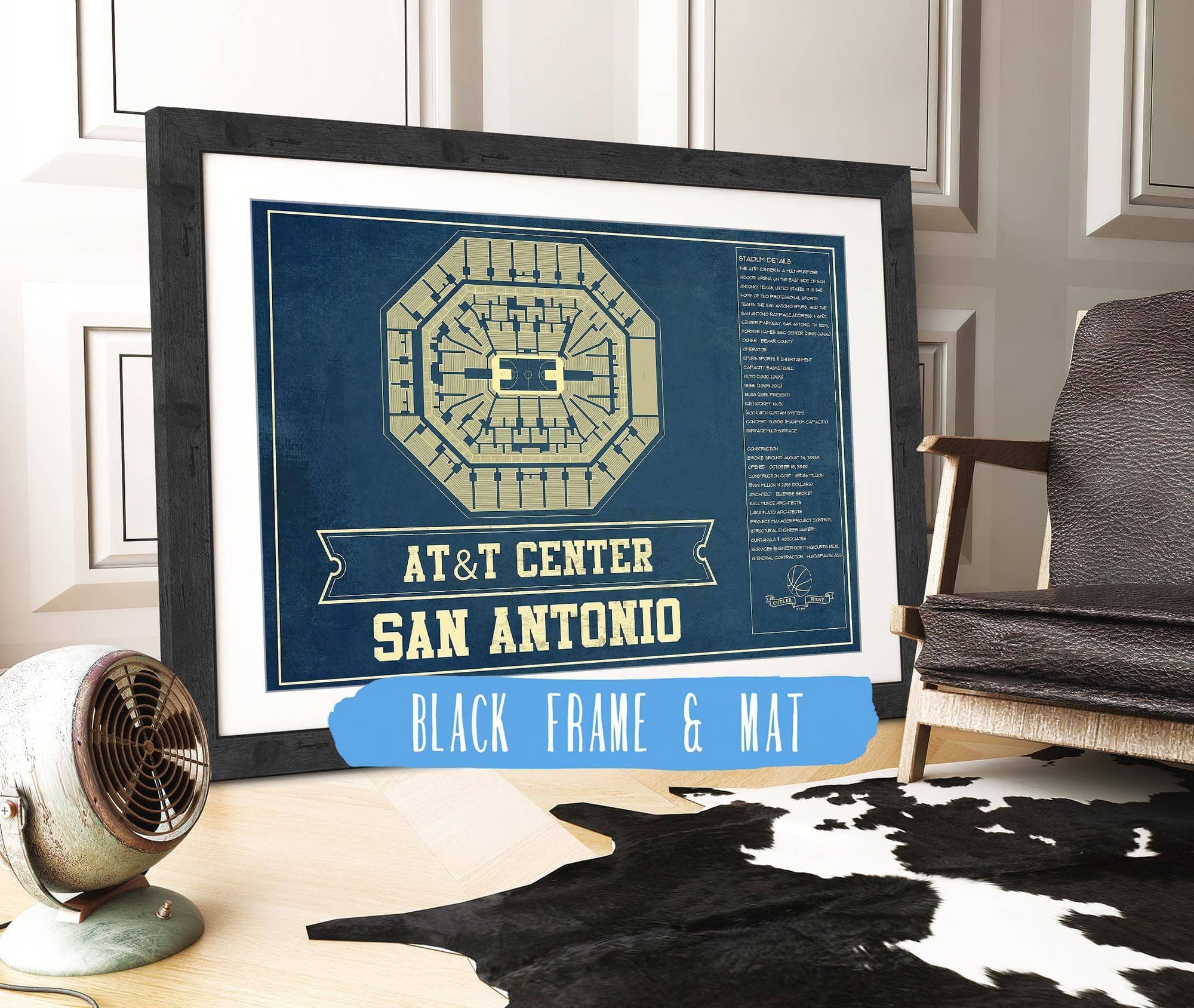 Cutler West Basketball Collection 14" x 11" / Black Frame Mat San Antonio Spurs - AT&T Center Vintage Basketball Blueprint NBA Print 661242166_77621