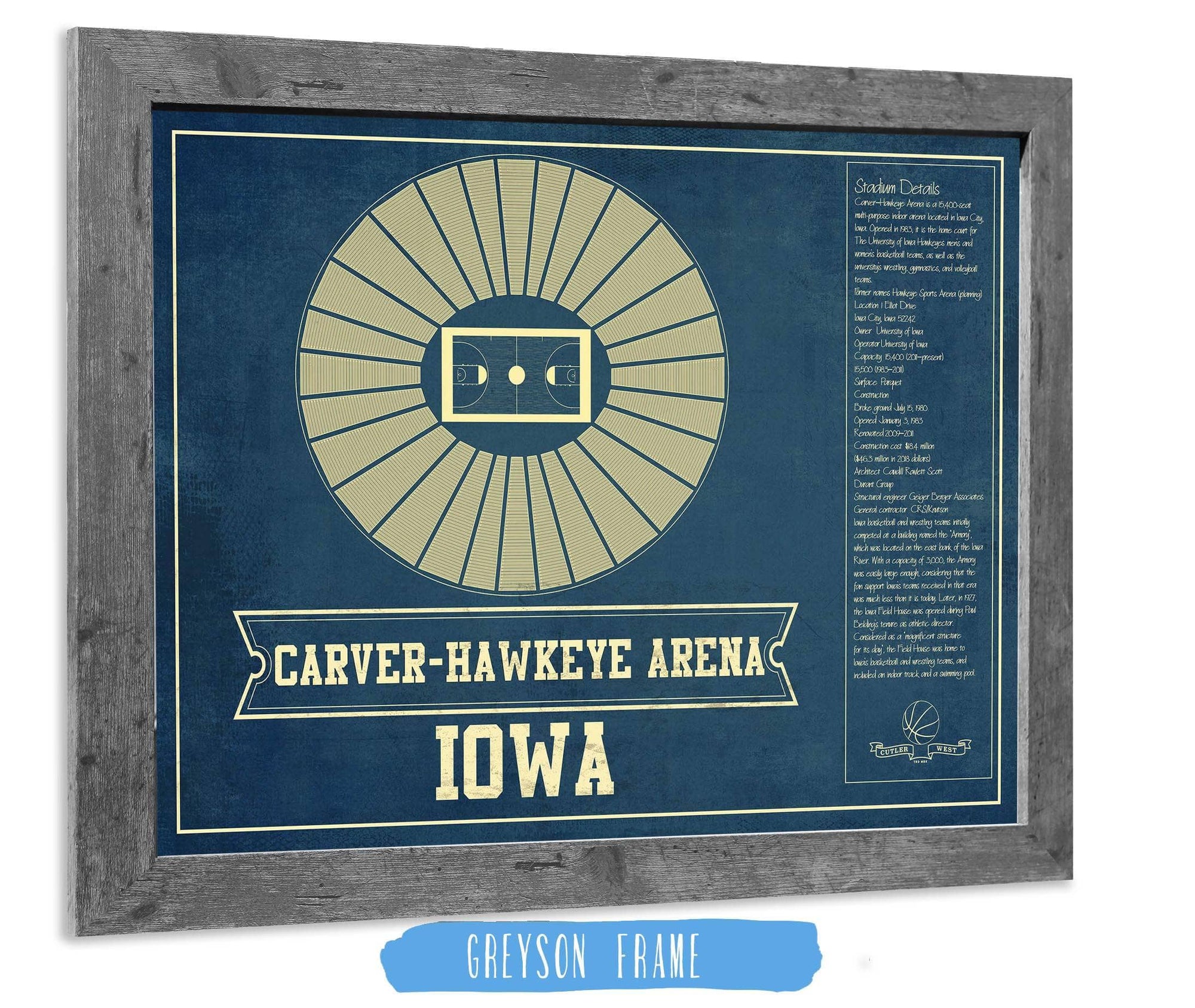 Cutler West Basketball Collection 14" x 11" / Greyson Frame Carver–Hawkeye Arena Iowa Men's And Women's Basketball Vintage Print 933350233_83433