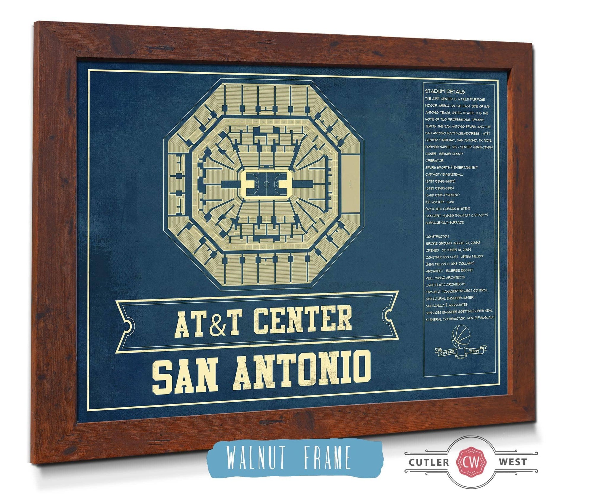 Cutler West Basketball Collection 14" x 11" / Walnut Frame San Antonio Spurs - AT&T Center Vintage Basketball Blueprint NBA Print 661242166_77622