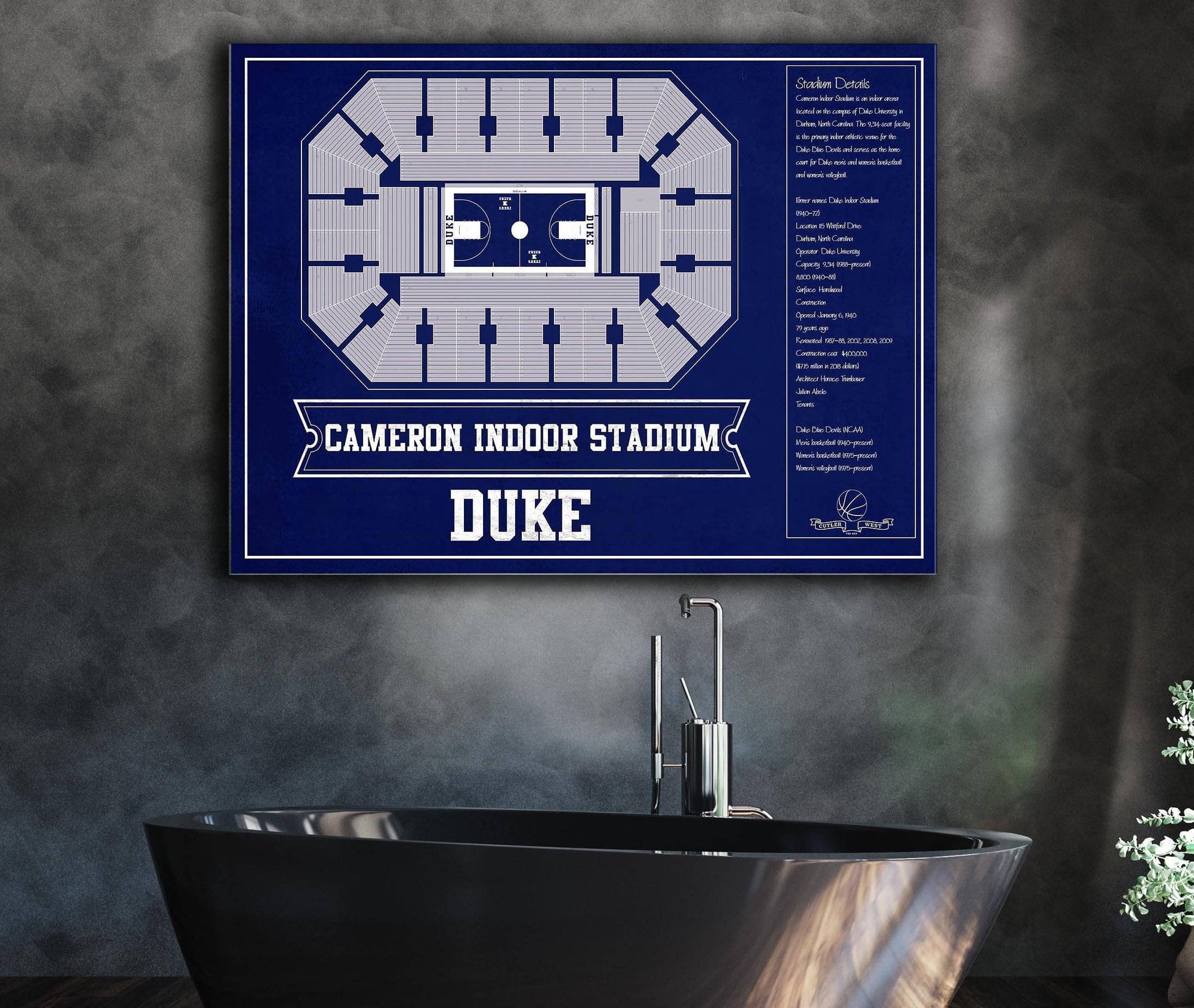 Cutler West Basketball Collection Duke Blue Devils - Cameron Indoor Stadium Seating Chart Team Color - College Basketball Blueprint Art