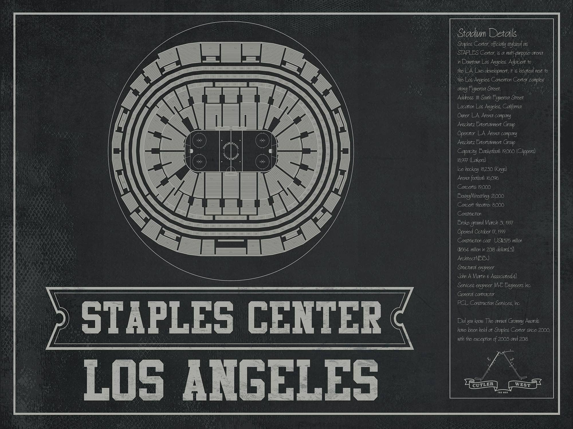 Cutler West 14" x 11" / Unframed Los Angeles Kings Team Colors - Staples Center (Crypto.com Arena) Vintage Hockey Blueprint NHL Print 933350198_79863