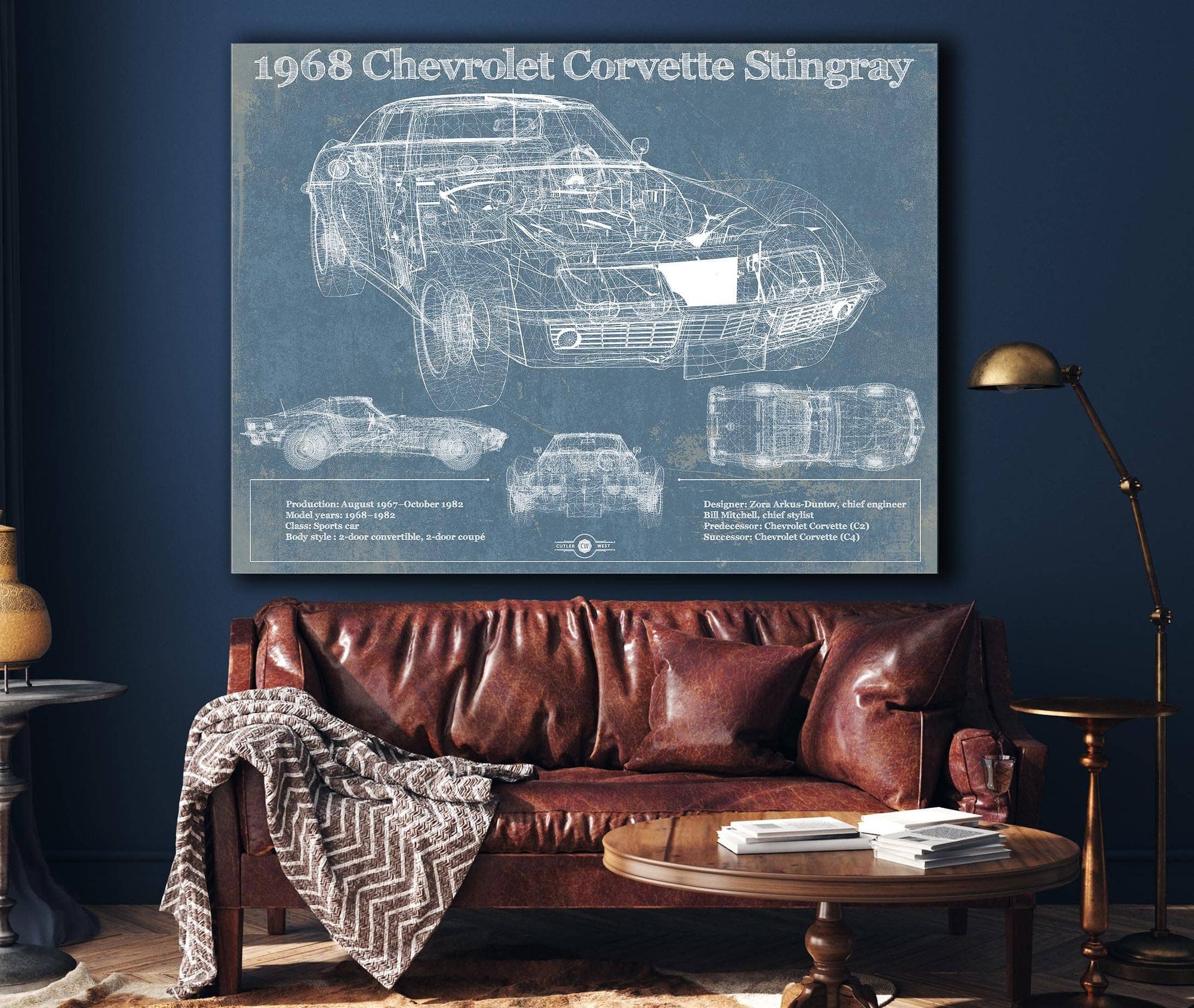 1968 Chevrolet Corvette Stingray Blueprint Vintage Auto Print