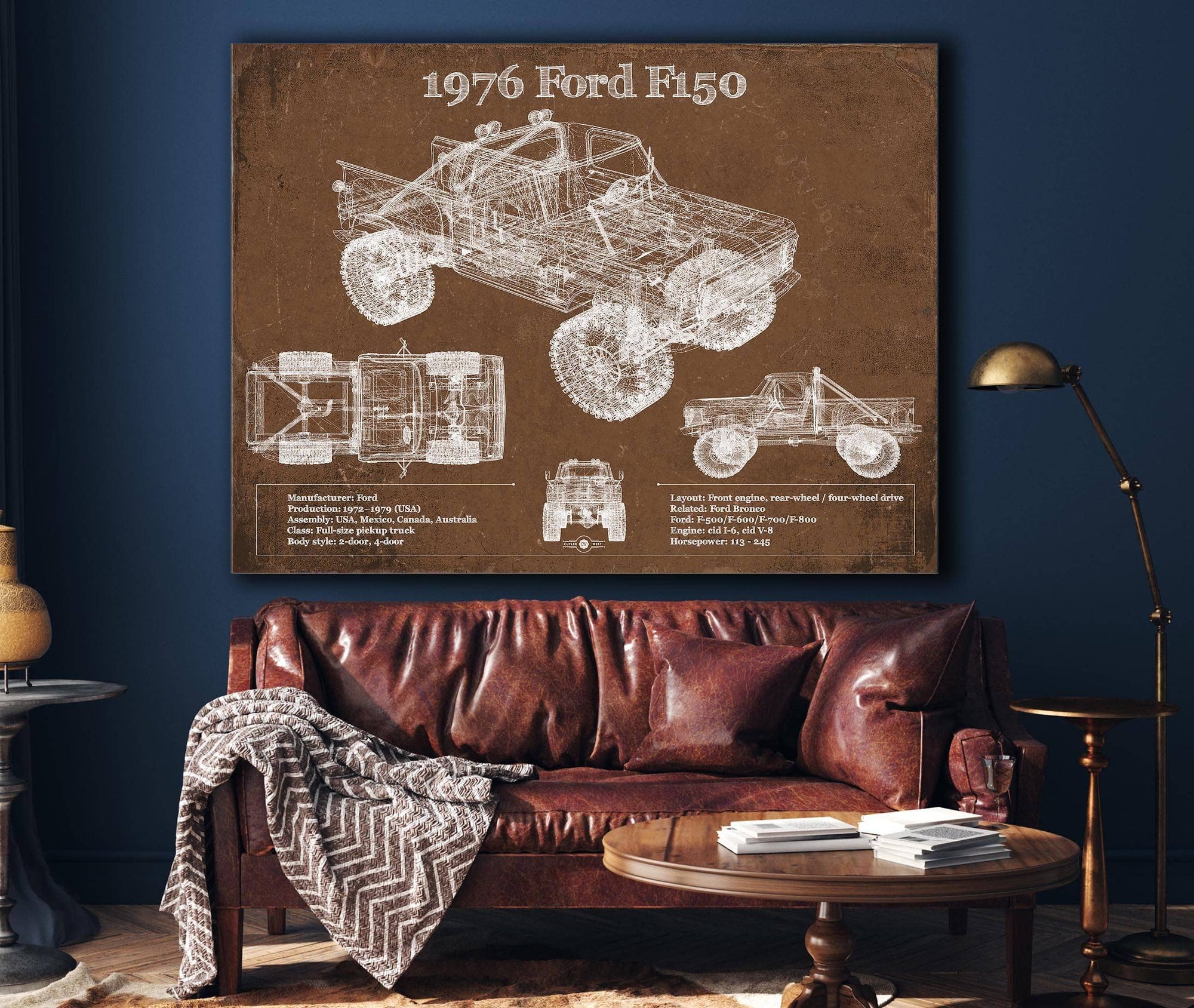 Cutler West Ford Collection 1976 Ford F150 Highboy Truck Vintage Blueprint Auto Print