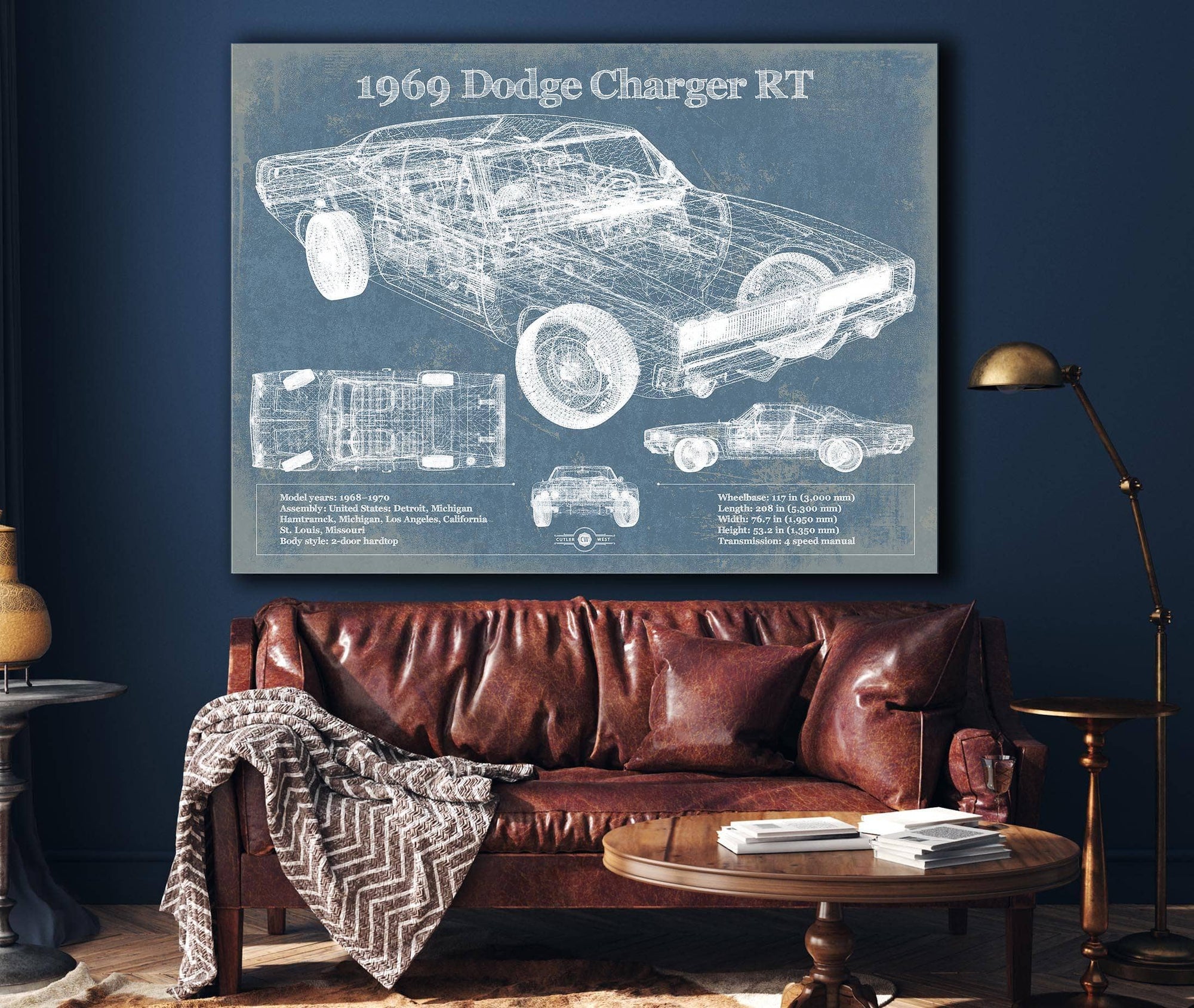 Cutler West Dodge Collection 1969 Dodge Charger R/T Blueprint Vintage Auto Print