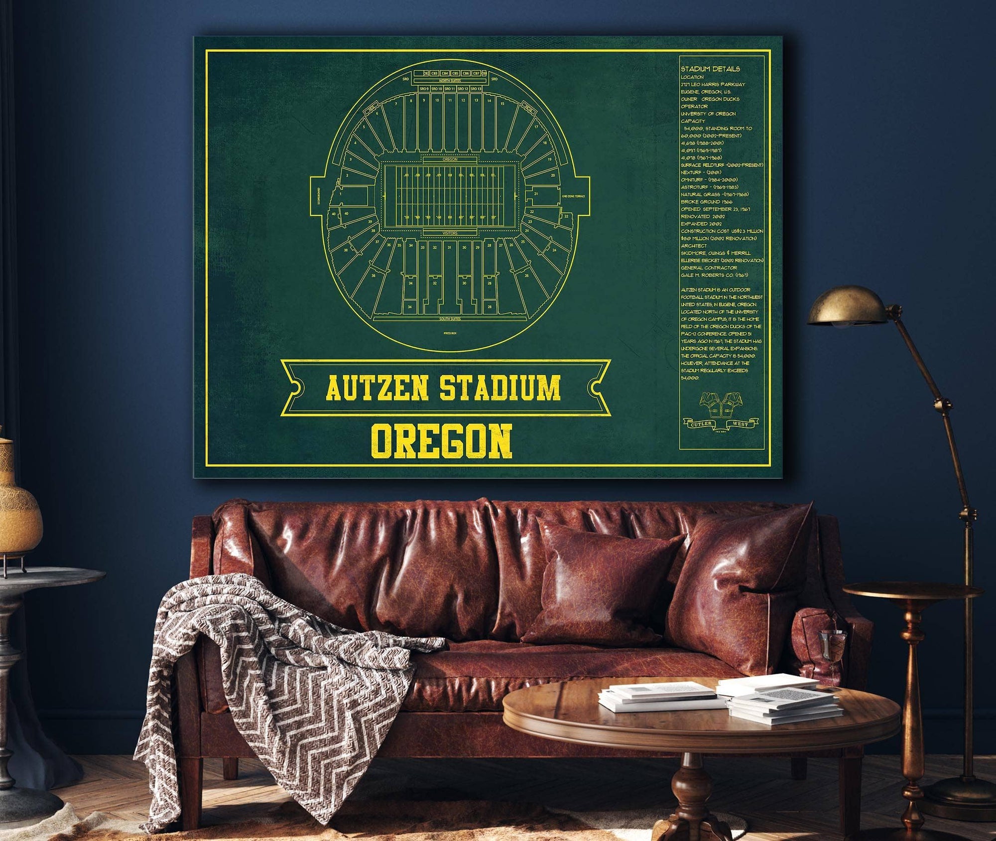 Cutler West College Football Collection Autzen Stadium Blueprint Team Color Art Chart - Oregon Ducks Football Fan Print