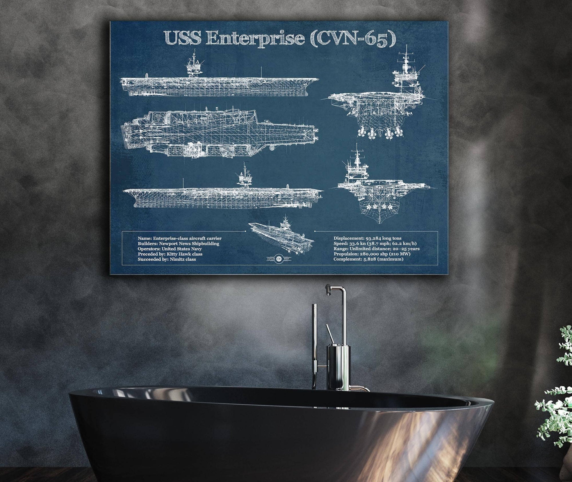 Cutler West USS Enterprise (CV-65) Aircraft Carrier Blueprint Original Military Wall Art - Customizable