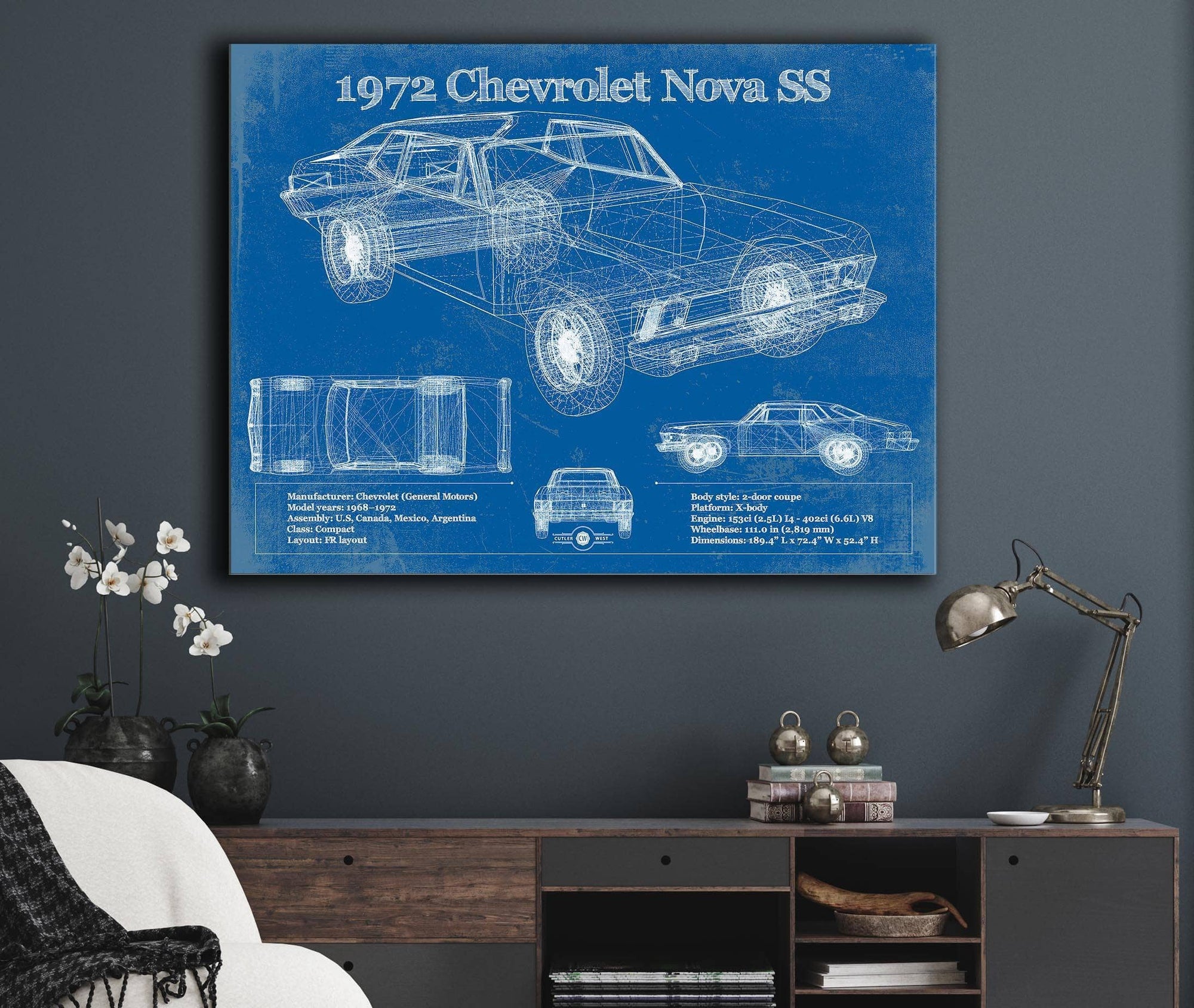 Cutler West Chevrolet Collection 1972 Chevrolet Nova SS Blueprint Vintage Auto Patent Print