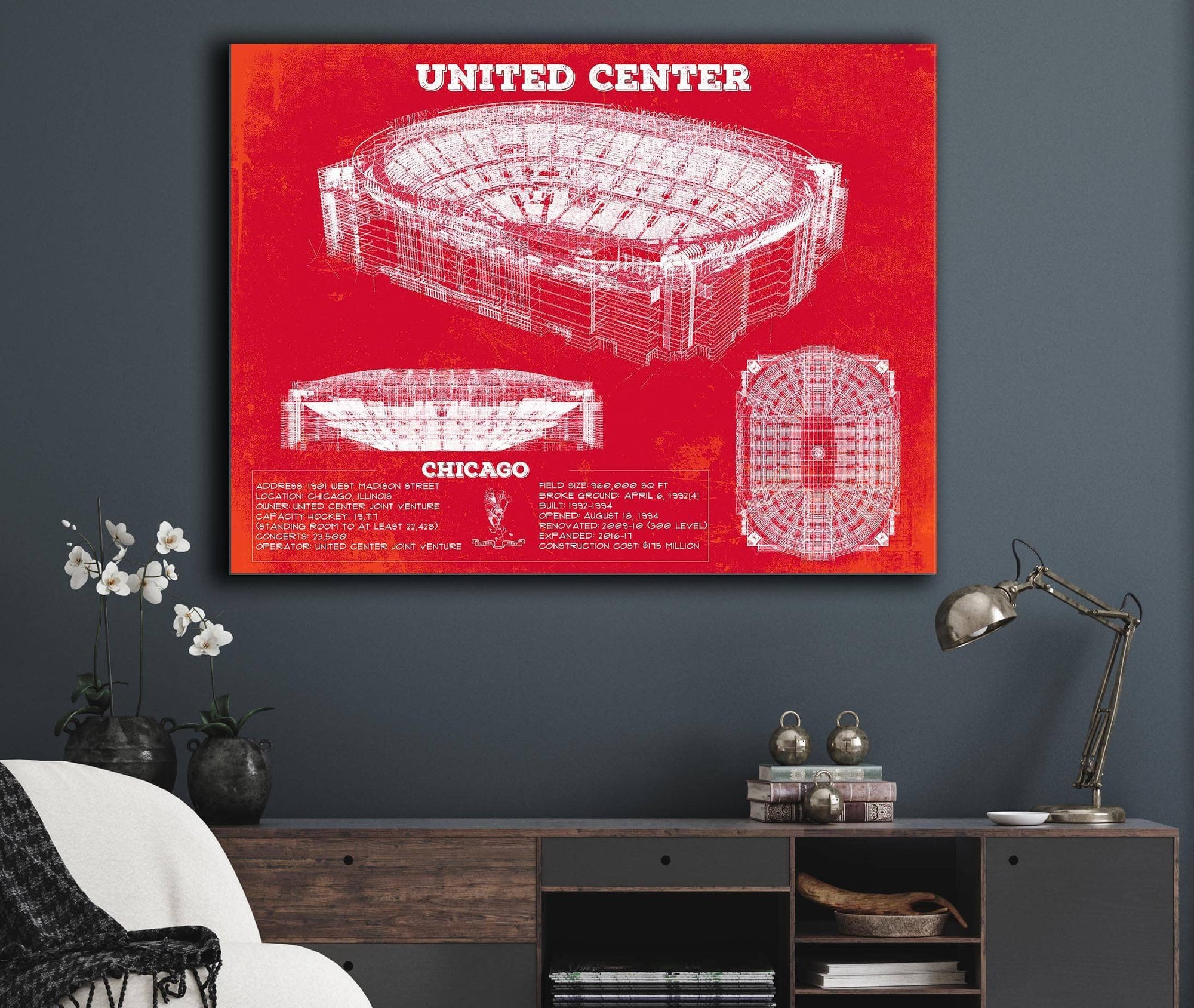 Cutler West United Center - Chicago Bulls Team Colors Vintage NBA Print
