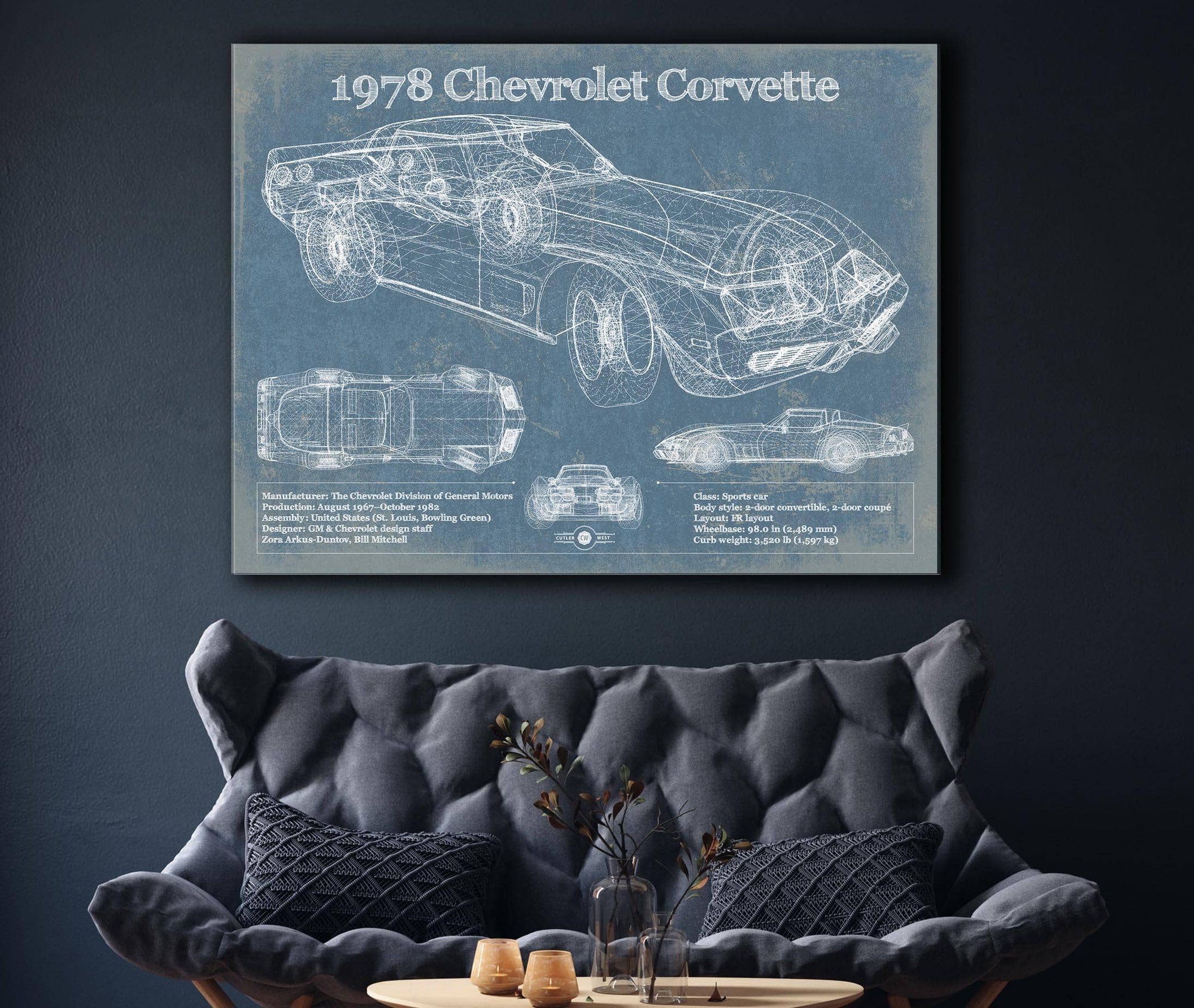 Cutler West 1978 Chevrolet Corvette Blueprint Vintage Auto Print