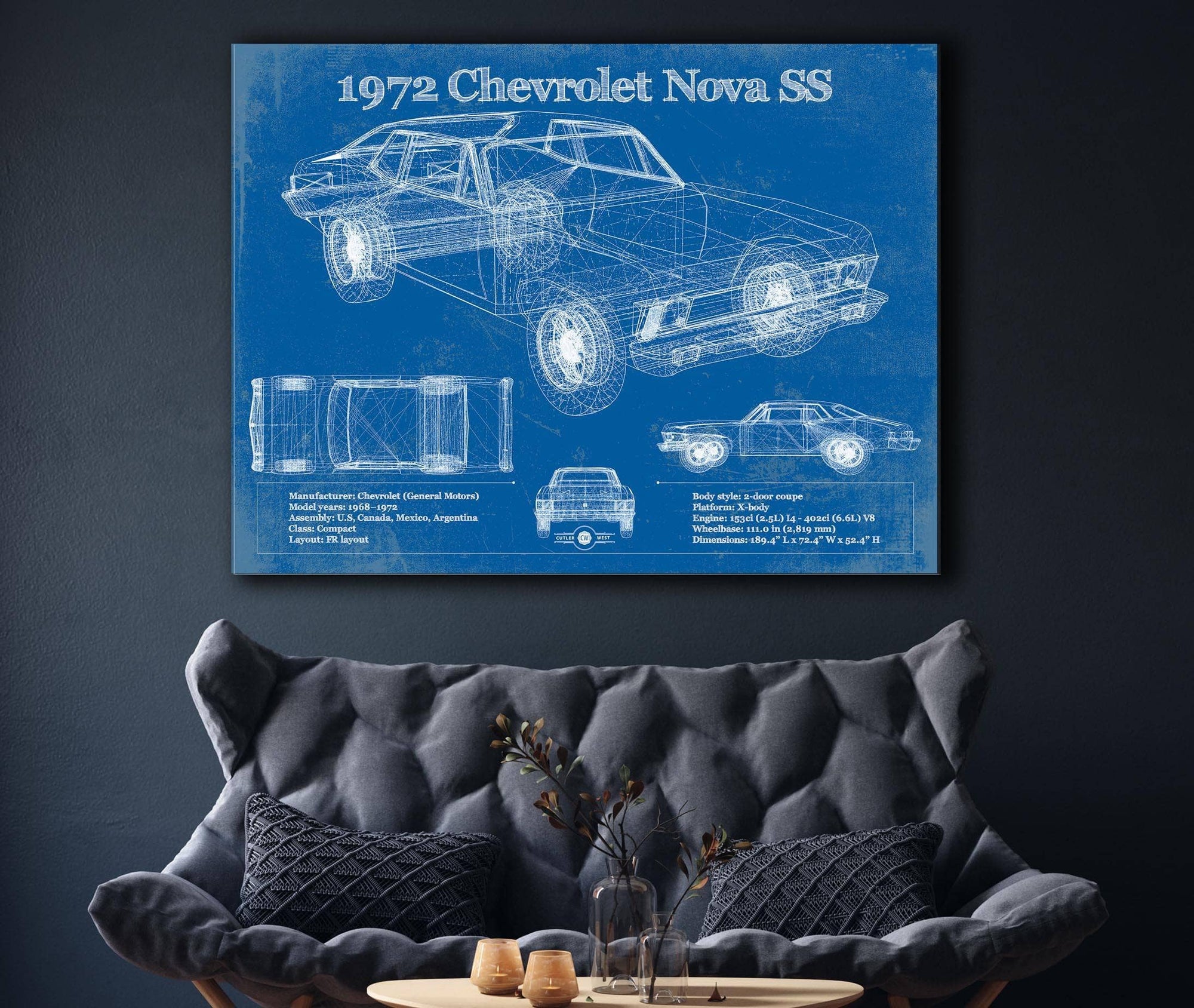 Cutler West Chevrolet Collection 1972 Chevrolet Nova SS Blueprint Vintage Auto Patent Print