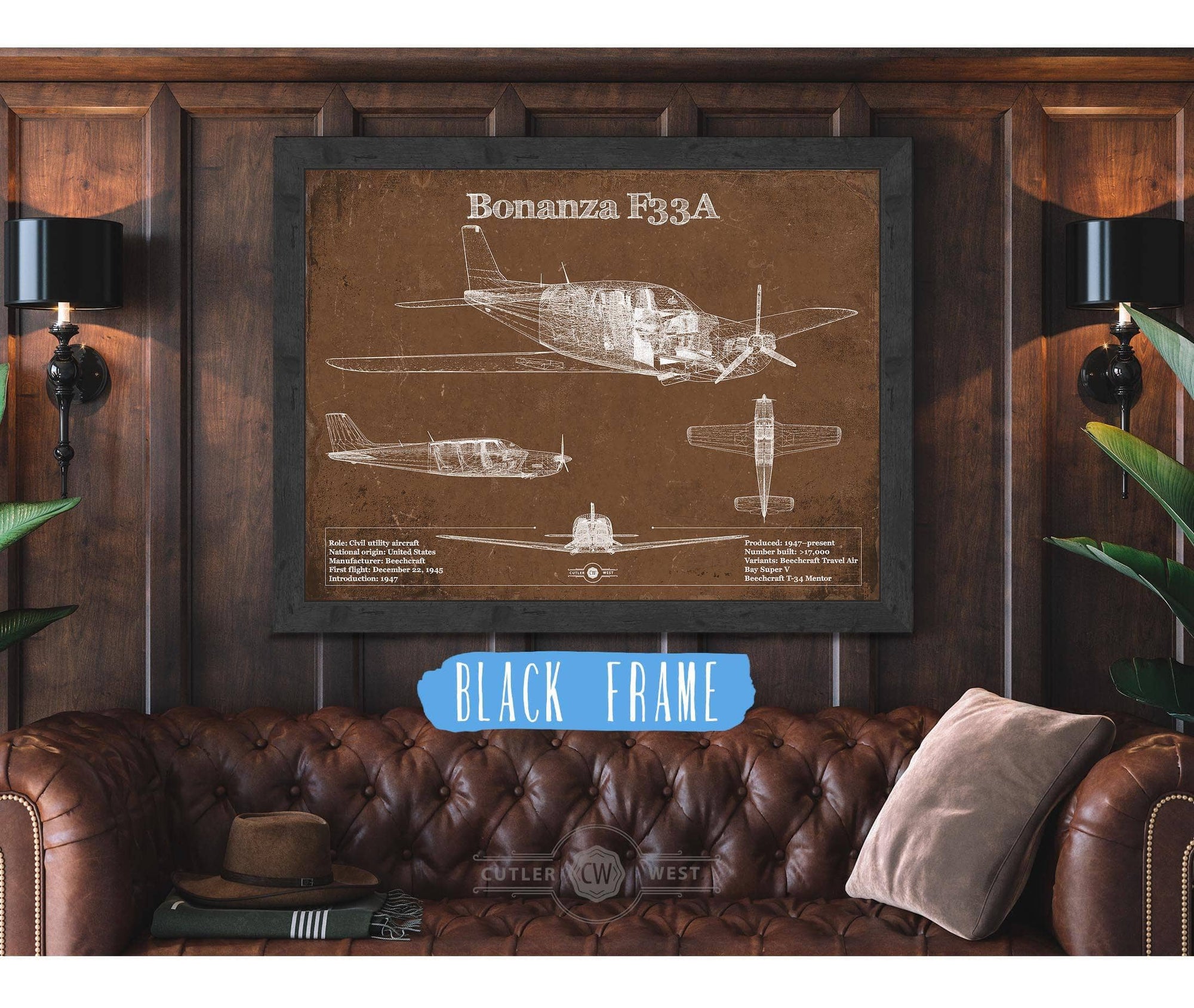 Cutler West Beechcraft Bonanza F33A Vintage Blueprint Airplane Print