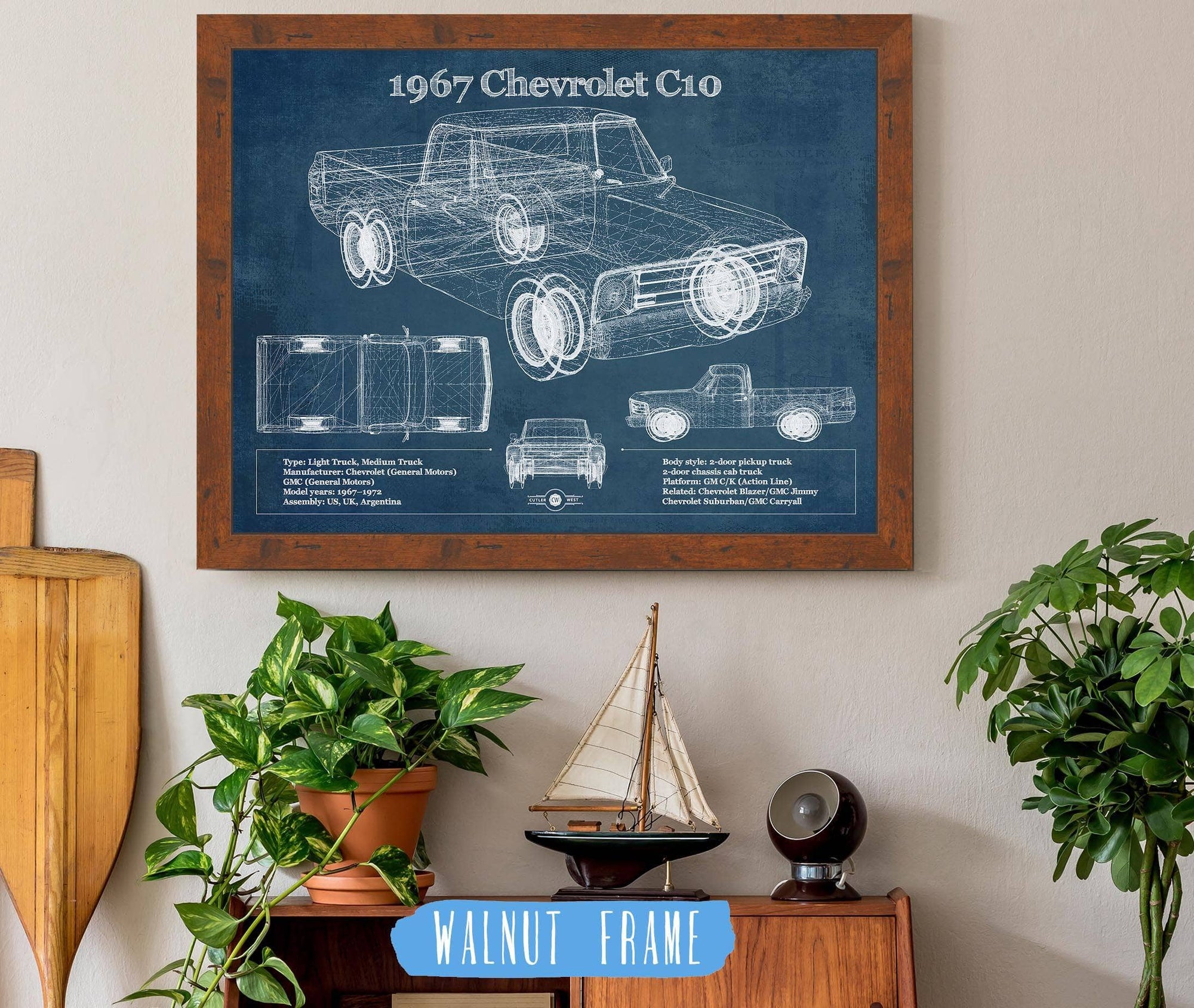 Cutler West Chevrolet Collection 1967 Chevy C10 Shortbed Vintage Blueprint Truck Print