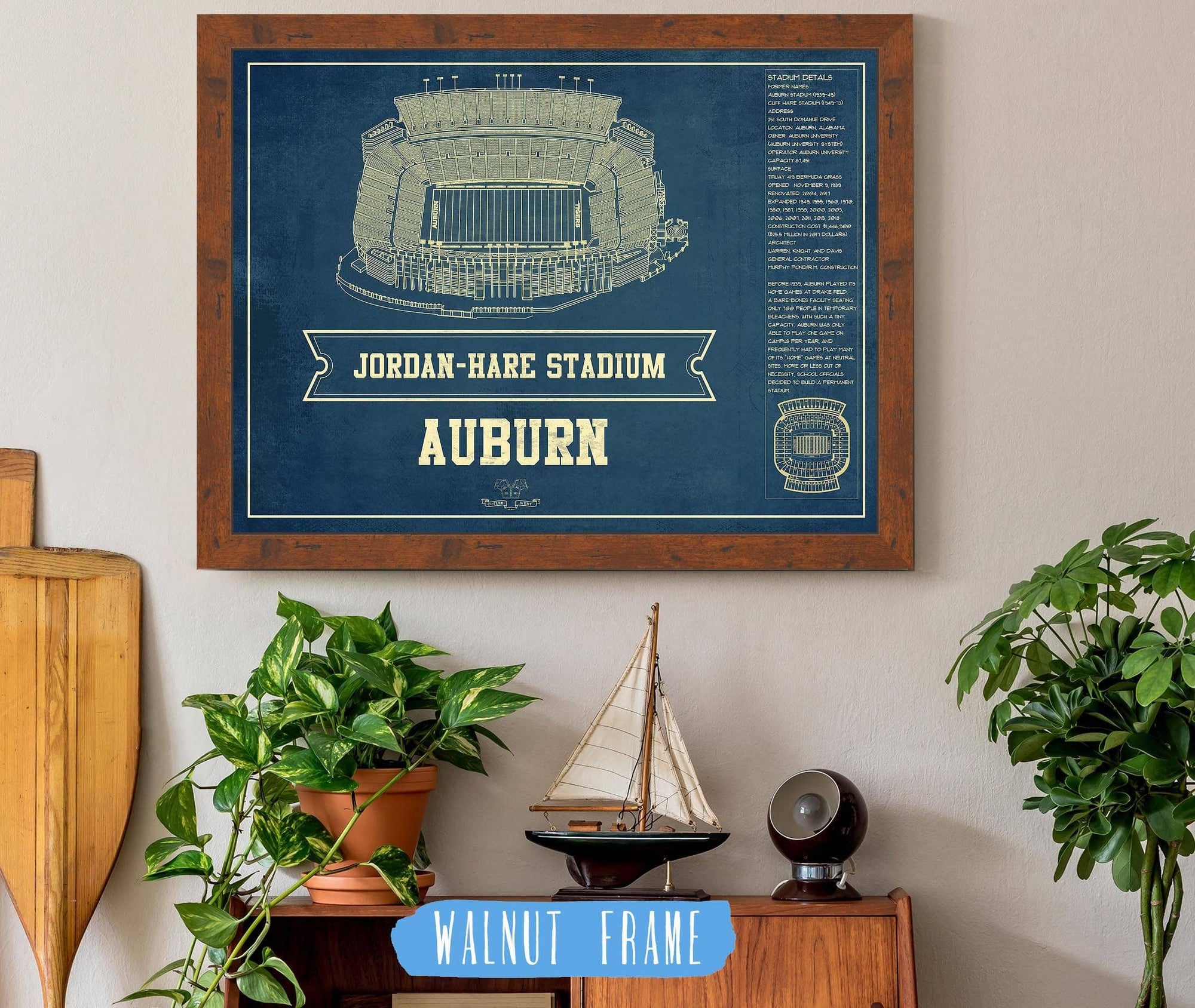 Cutler West College Football Collection Auburn Tigers - Jordan-Hare Vintage Stadium Blueprint Art Print