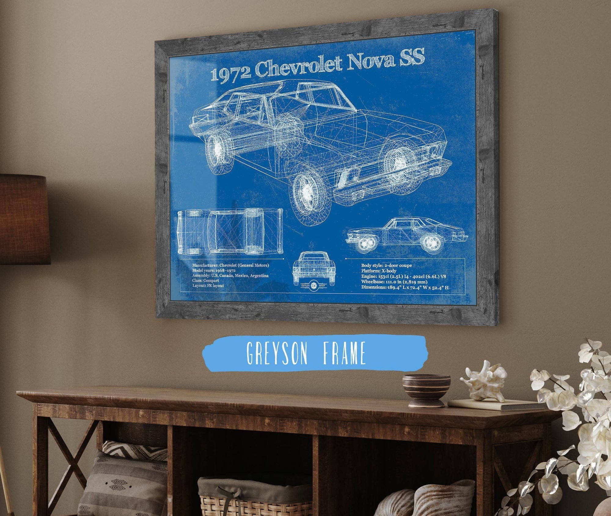 Cutler West Chevrolet Collection 1972 Chevrolet Nova SS Blueprint Vintage Auto Patent Print