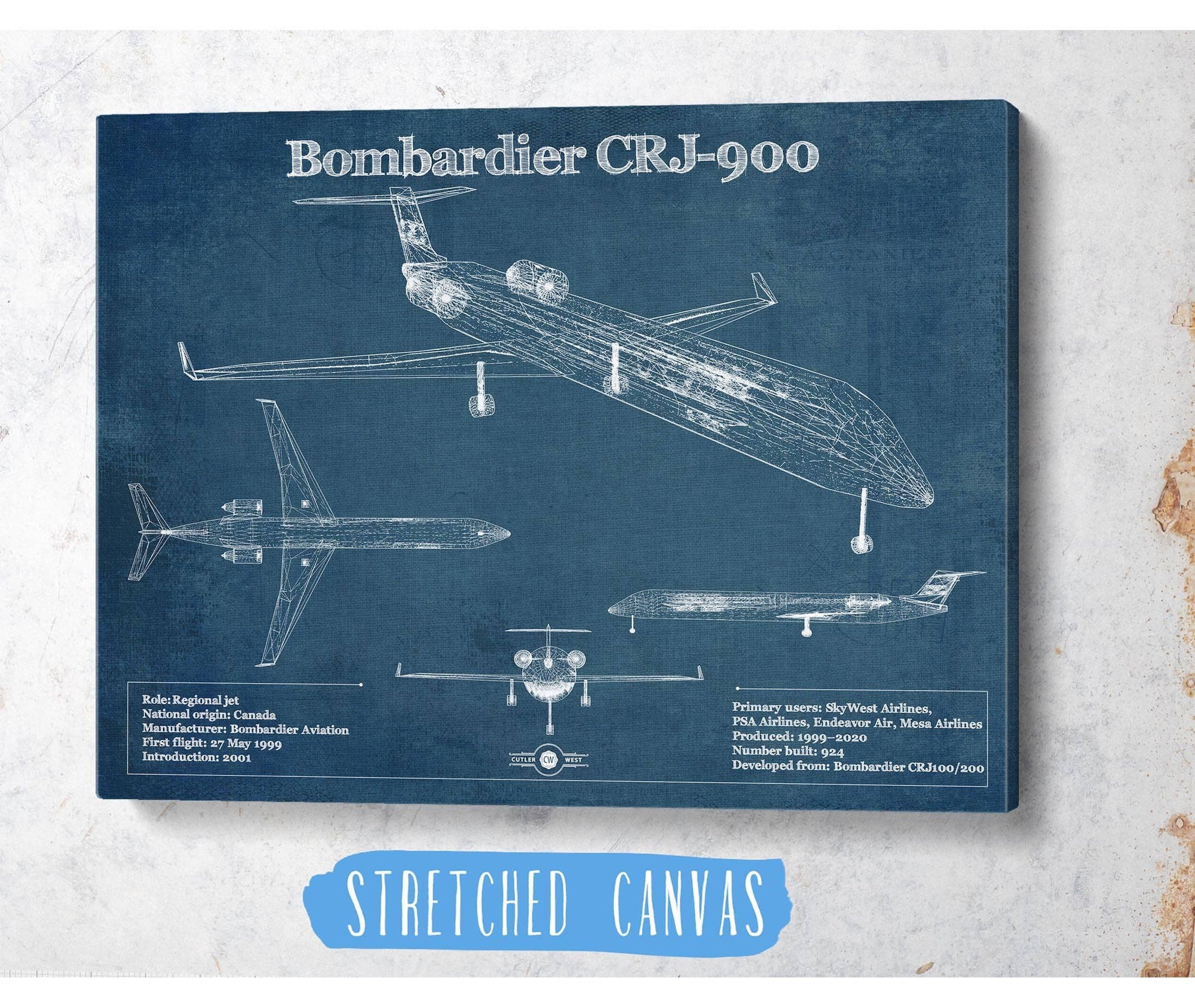 Cutler West Bombardier CRJ-900 Vintage Aviation Blueprint Print - Custom Pilot Name can be Added