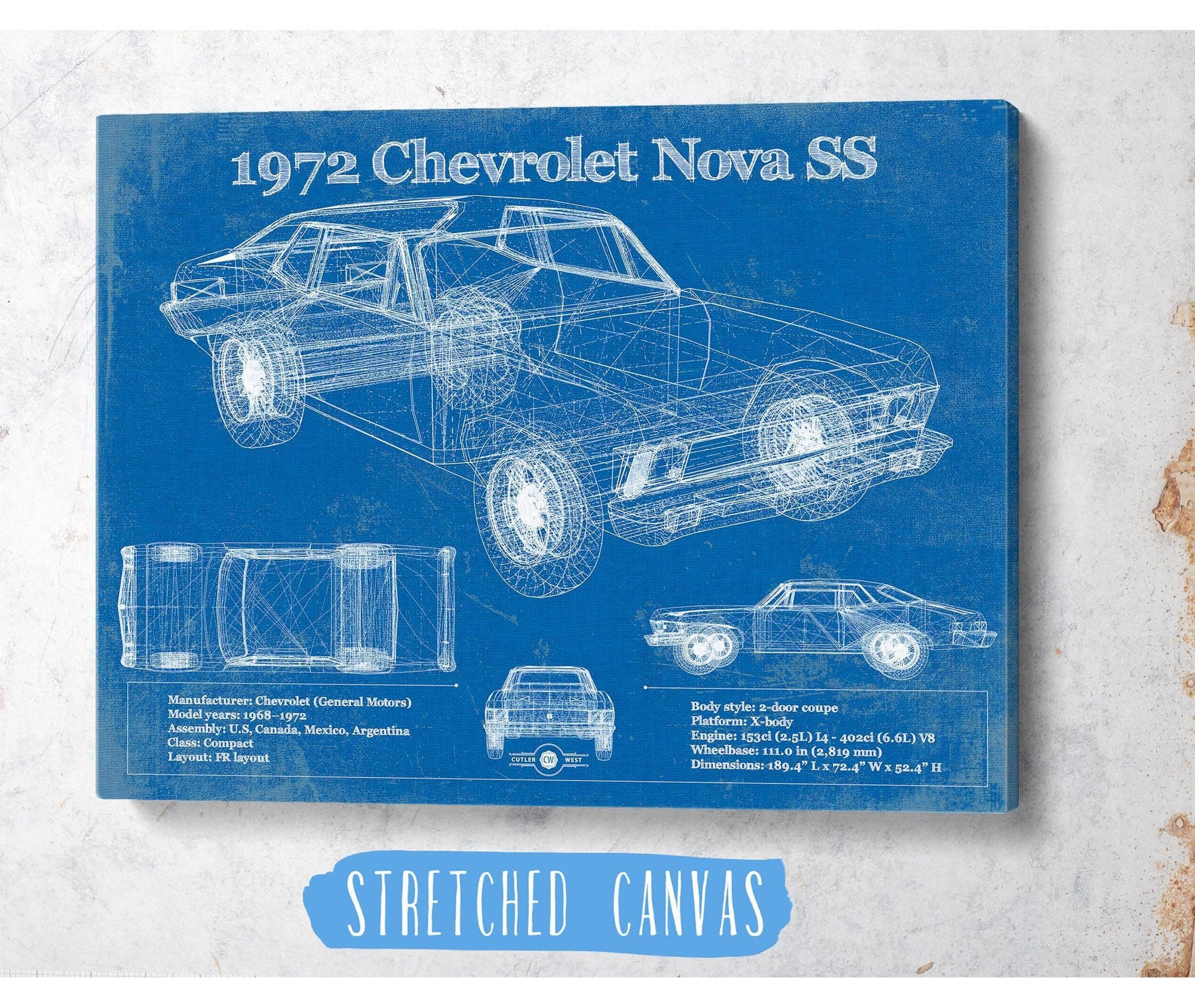 Cutler West Chevrolet Collection 1972 Chevrolet Nova SS Blueprint Vintage Auto Patent Print