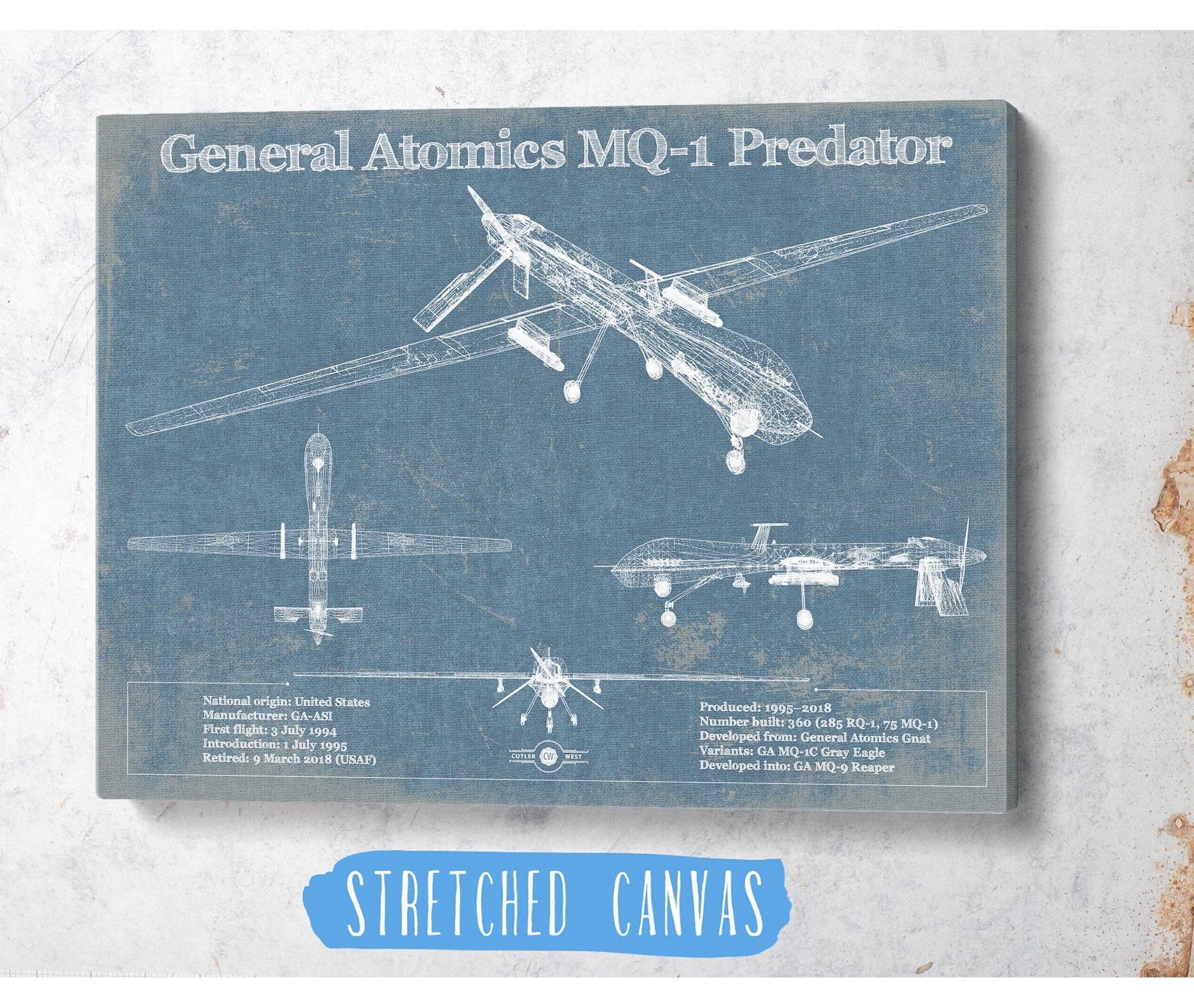 Cutler West Military Aircraft General Atomics MQ-1 Predator Vintage UAV Blueprint Military Print