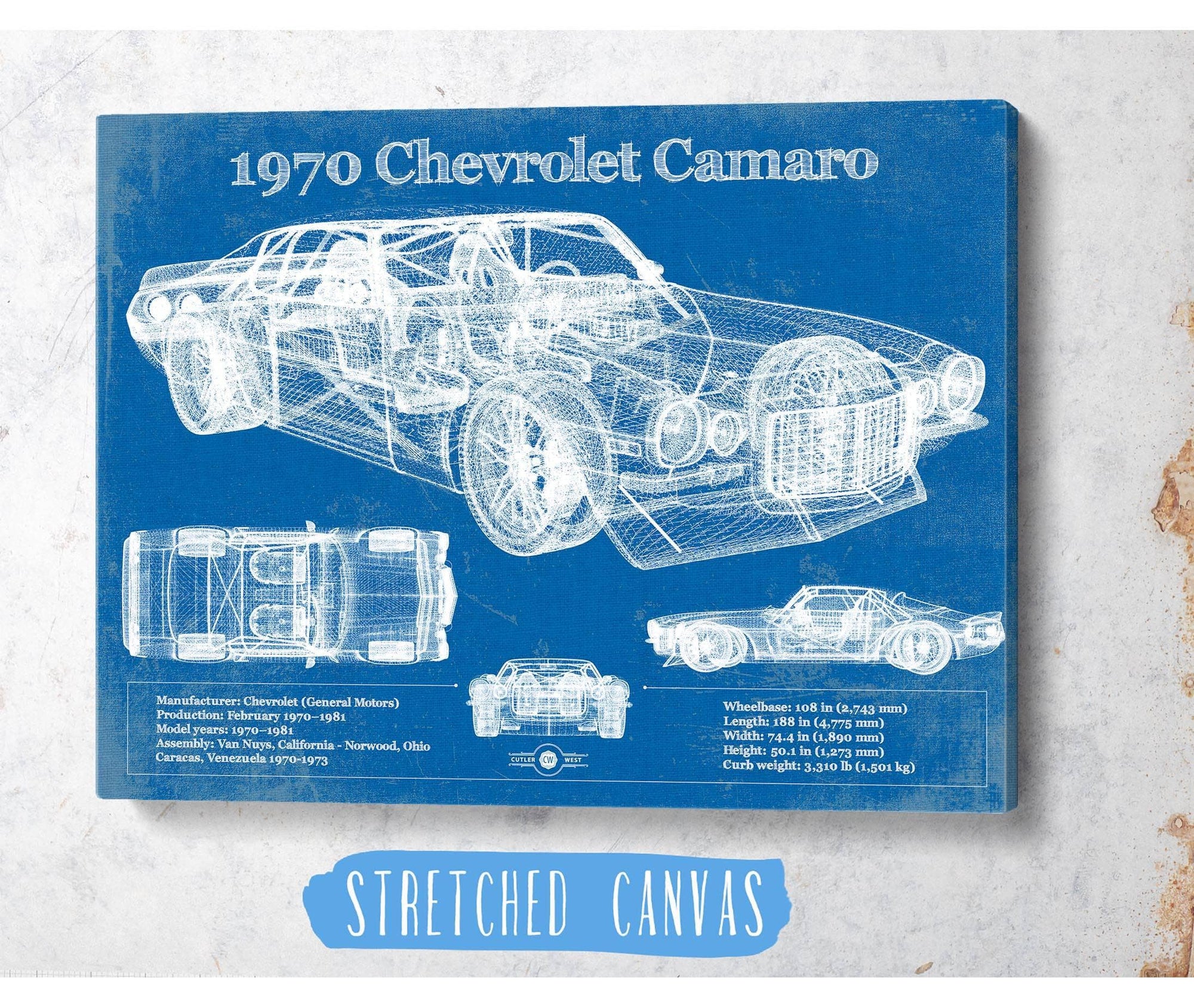 Cutler West Chevrolet Collection 1970 Chevrolet Split Bumper Camaro Blueprint Vintage Auto Patent Print