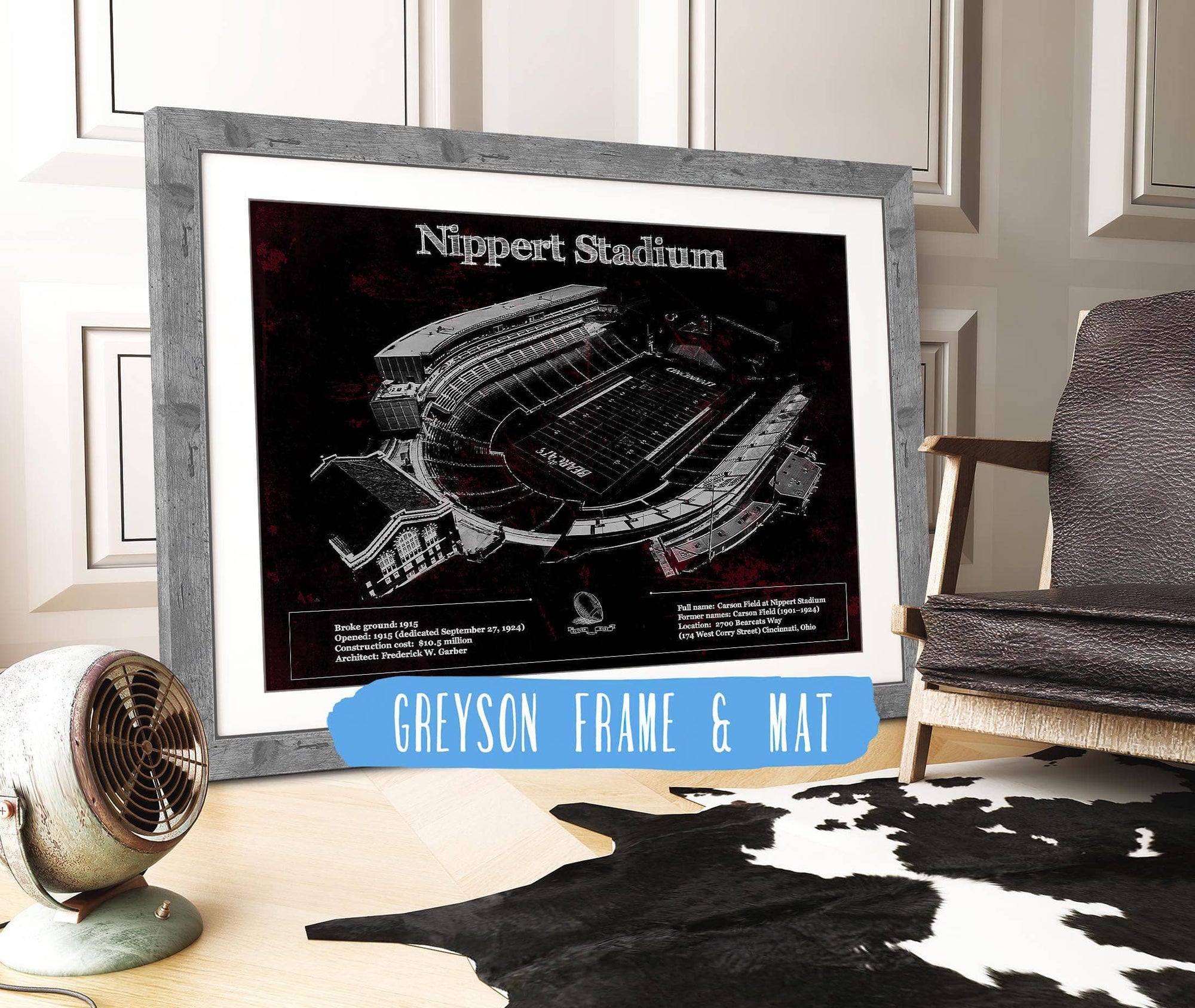 Cutler West Pro Football Collection 14" x 11" / Greyson Frame & Mat Cincinnati Bearcats - Vintage Nippert Stadium Team Color Art Print 9488864841_53431
