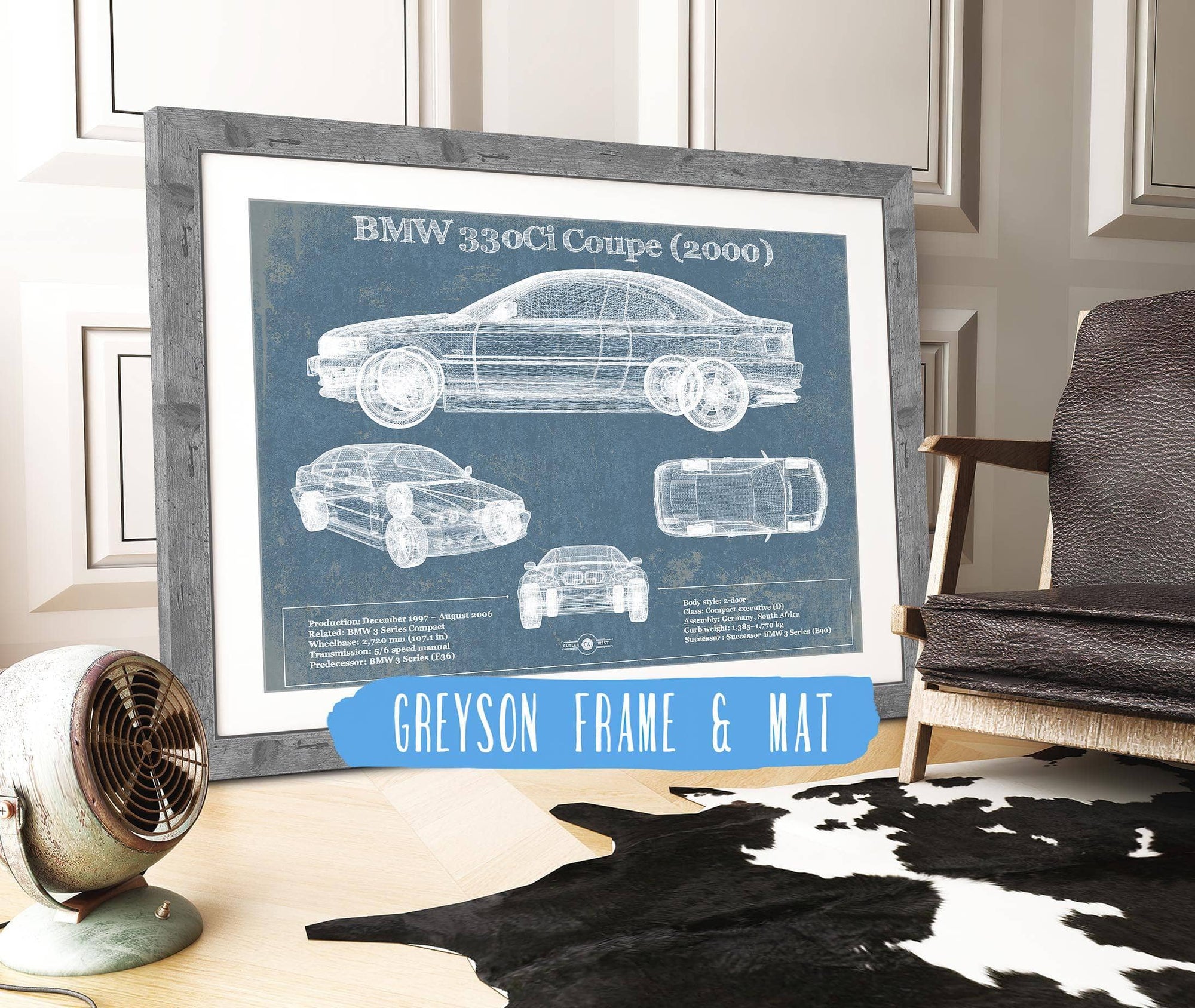 Cutler West Vehicle Collection 14" x 11" / Greyson Frame & Mat BMW 330Ci Coupe 2000 Blueprint Vintage Auto Print 878283256_47953