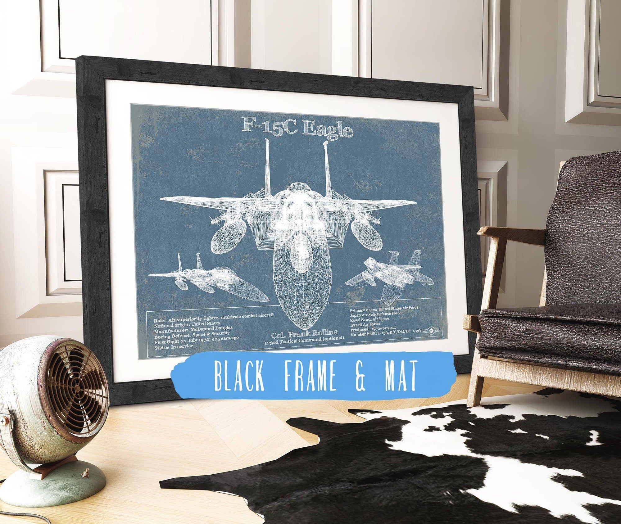Cutler West Military Aircraft 14" x 11" / Black Frame & Mat F-15C Eagle Vintage Aviation Blueprint Military Print - Custom Name and Squadron Text 781066344