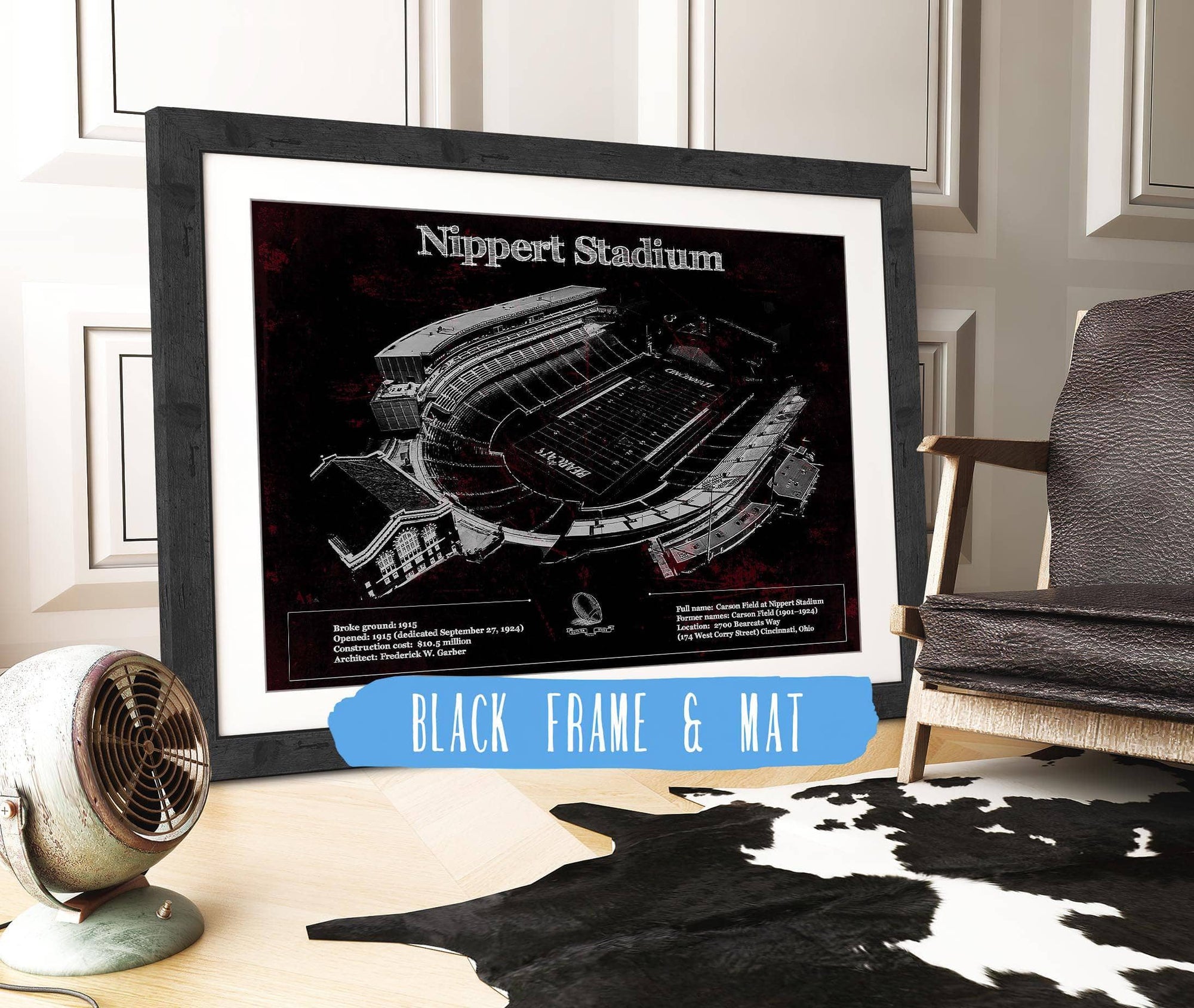 Cutler West Pro Football Collection 14" x 11" / Black Frame & Mat Cincinnati Bearcats - Vintage Nippert Stadium Team Color Art Print 9488864841_53425