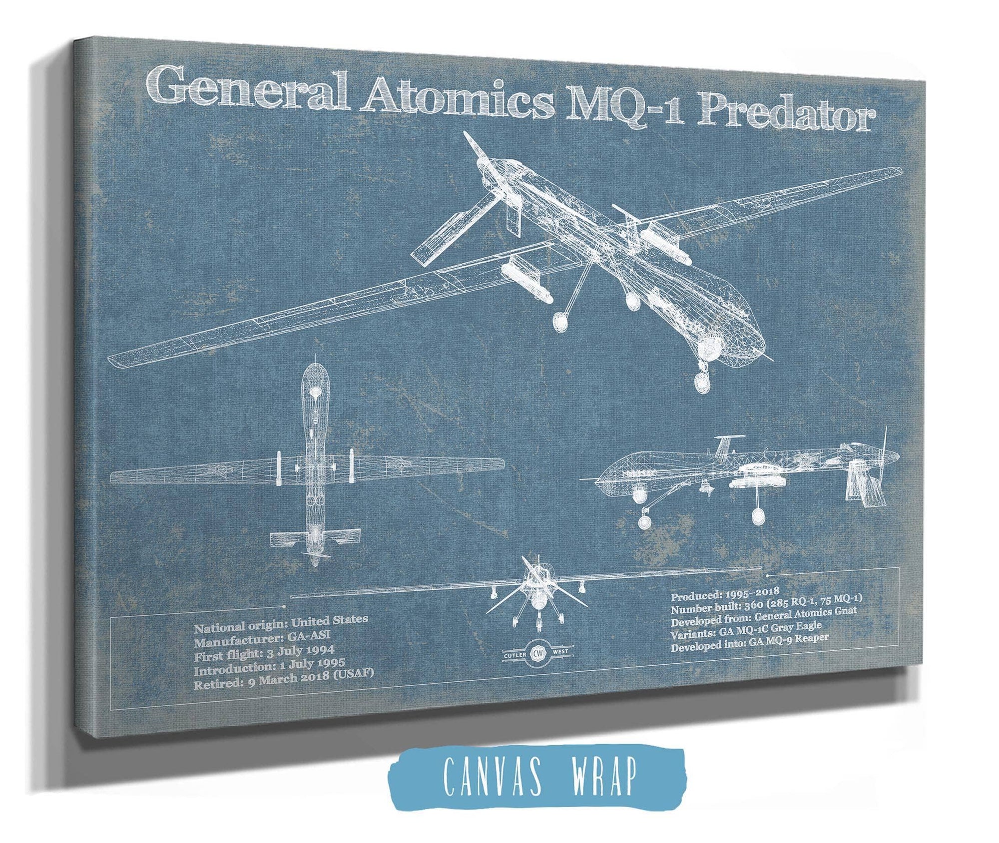 Cutler West Military Aircraft General Atomics MQ-1 Predator Vintage UAV Blueprint Military Print