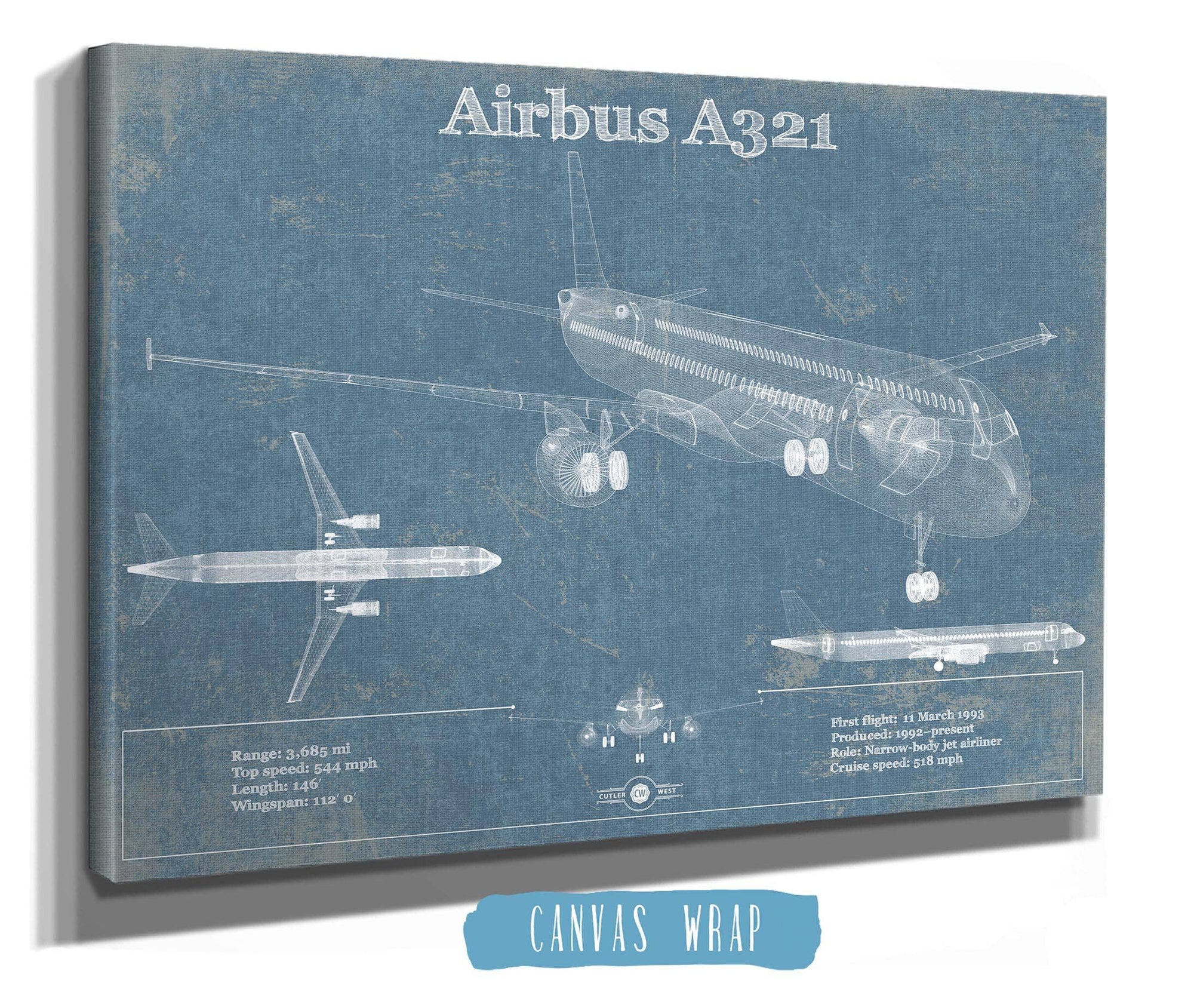 Cutler West Airbus Collection Airbus A321 Vintage Aviation Blueprint Print