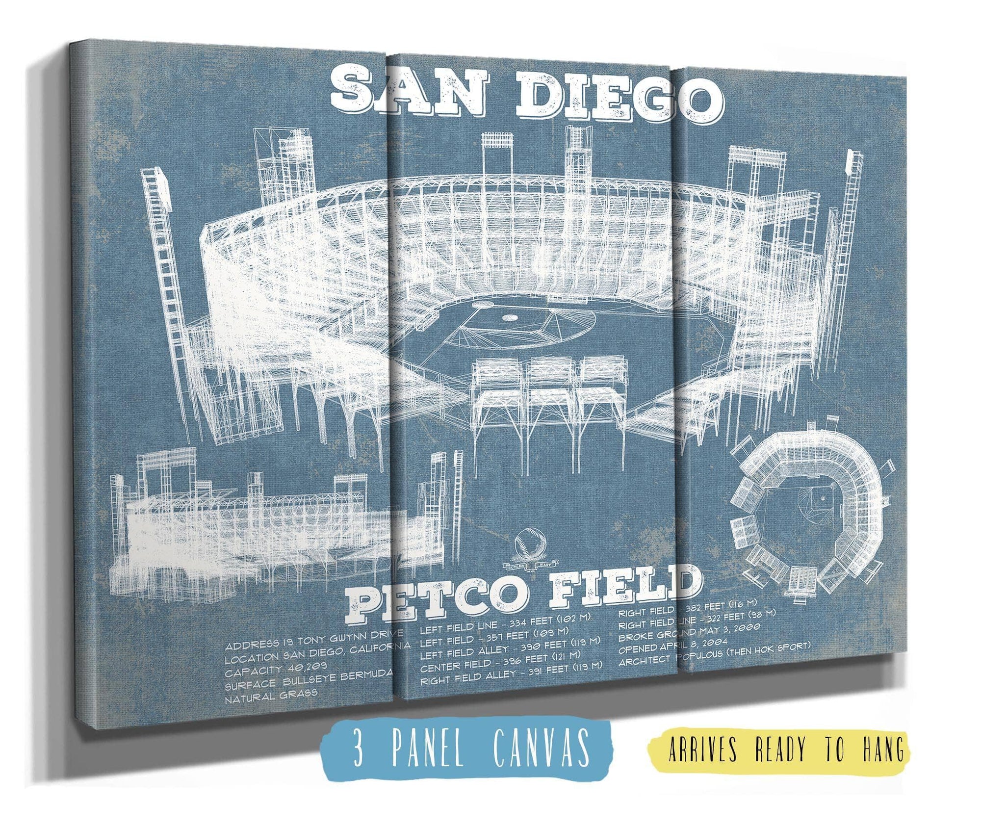 Cutler West 48" x 32" / 3 Panel Canvas Wrap San Diego Padres - Petco Park Vintage Stadium Blueprint Baseball Print 744808455-TOP