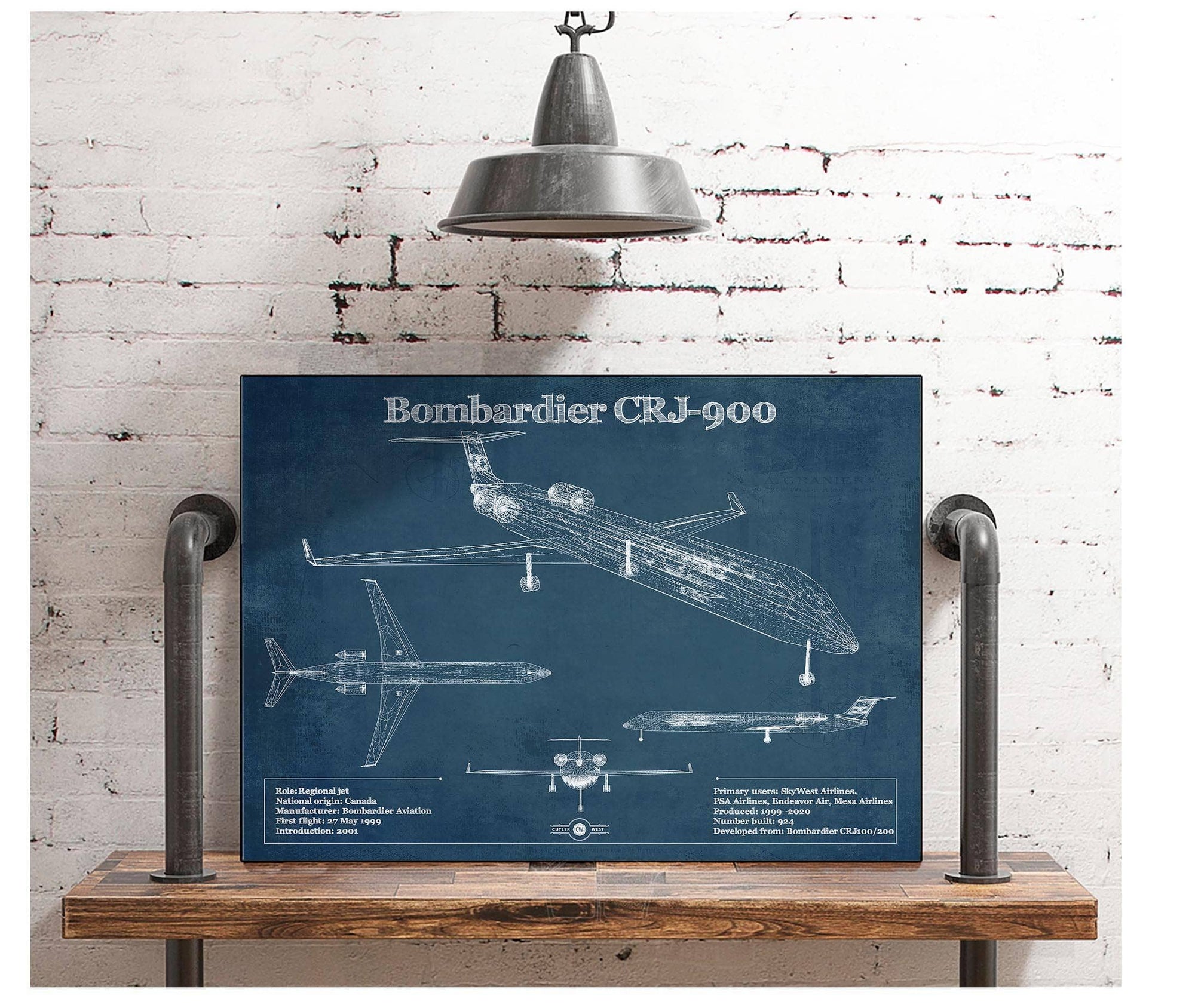 Cutler West Bombardier CRJ-900 Vintage Aviation Blueprint Print - Custom Pilot Name can be Added