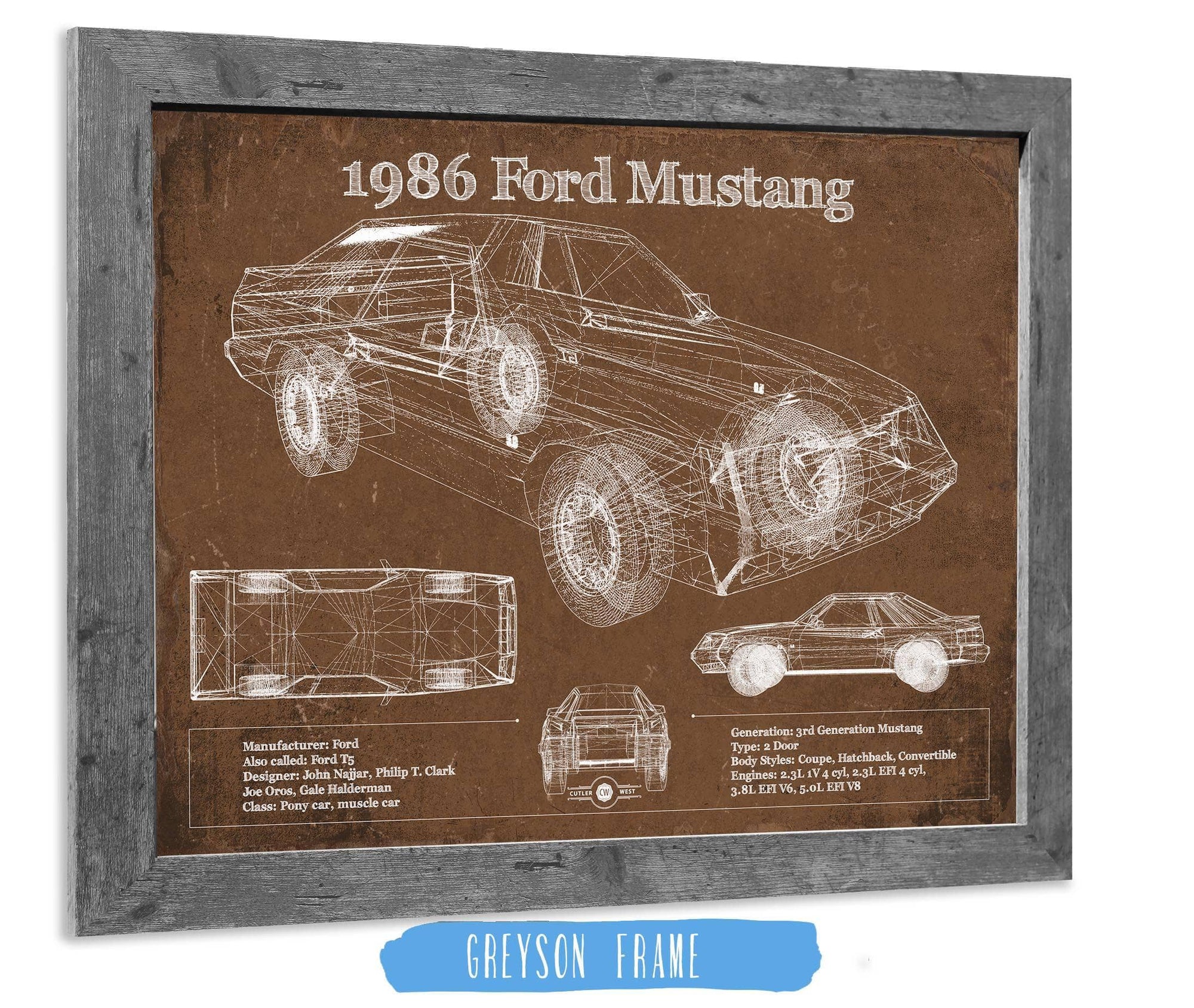 Cutler West Ford Collection 1986 Ford Mustang GT Blueprint Vintage Auto Print