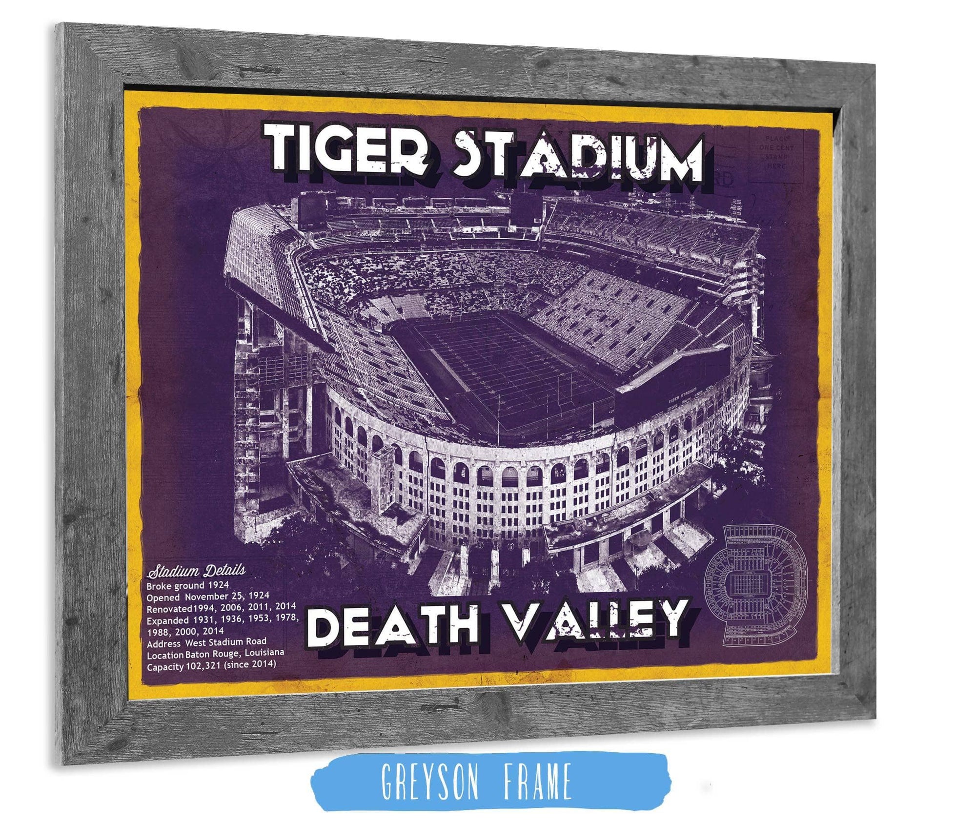 Cutler West Best Selling Collection 14" x 11" / Greyson Frame Tiger Stadium Art - LSU Tigers Vintage Stadium & Blueprint Art Print 653757759-TOP
