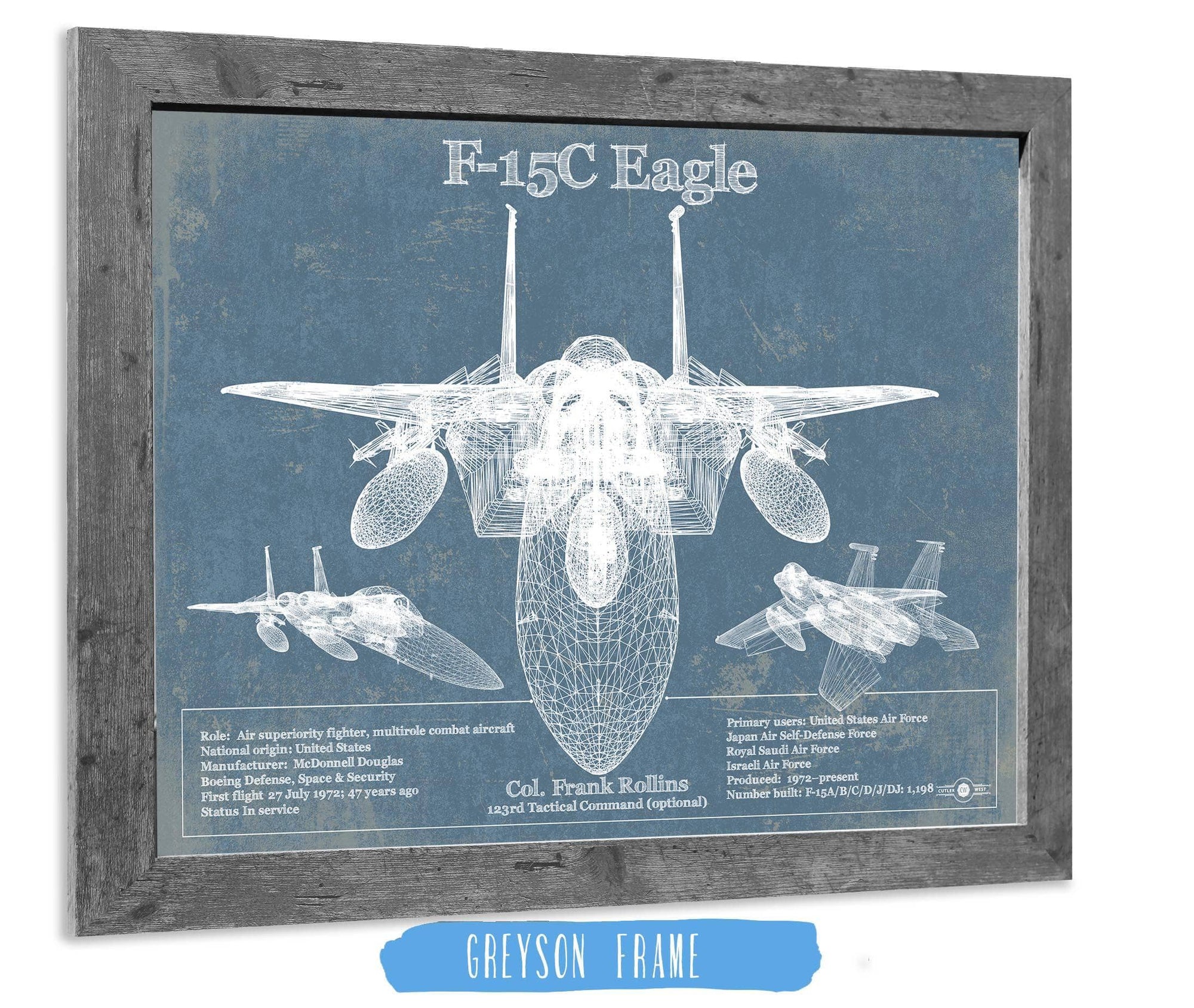 Cutler West Military Aircraft F-15C Eagle Vintage Aviation Blueprint Military Print - Custom Name and Squadron Text