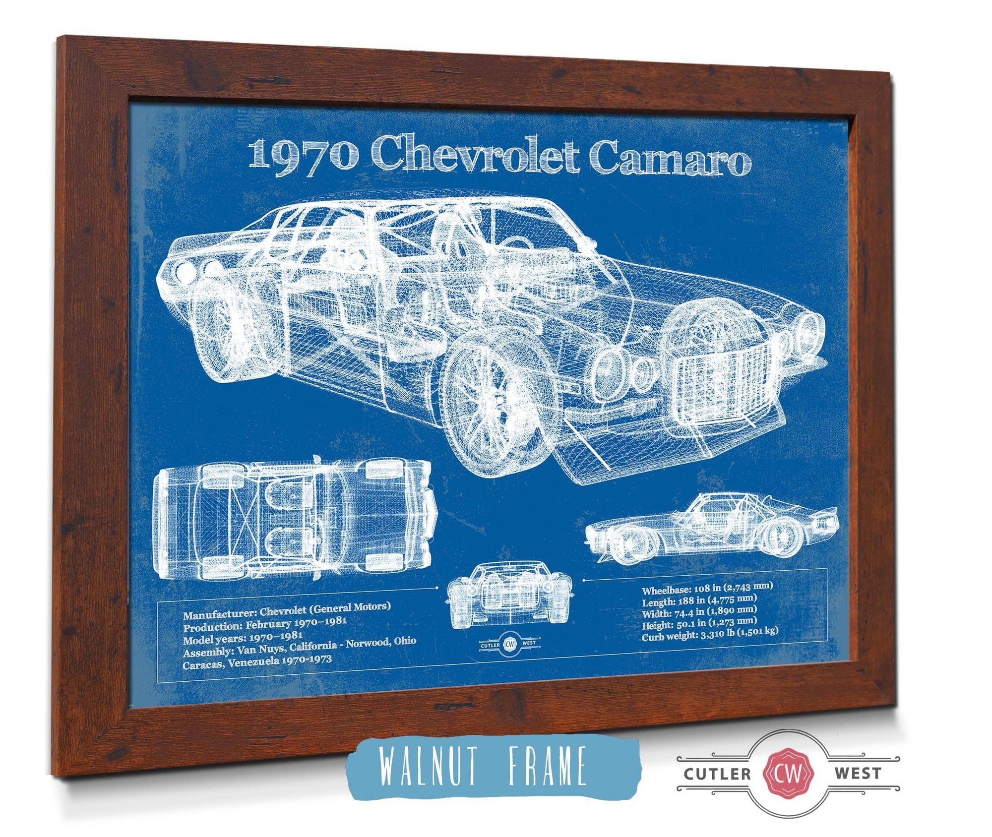 Cutler West Chevrolet Collection 1970 Chevrolet Split Bumper Camaro Blueprint Vintage Auto Patent Print