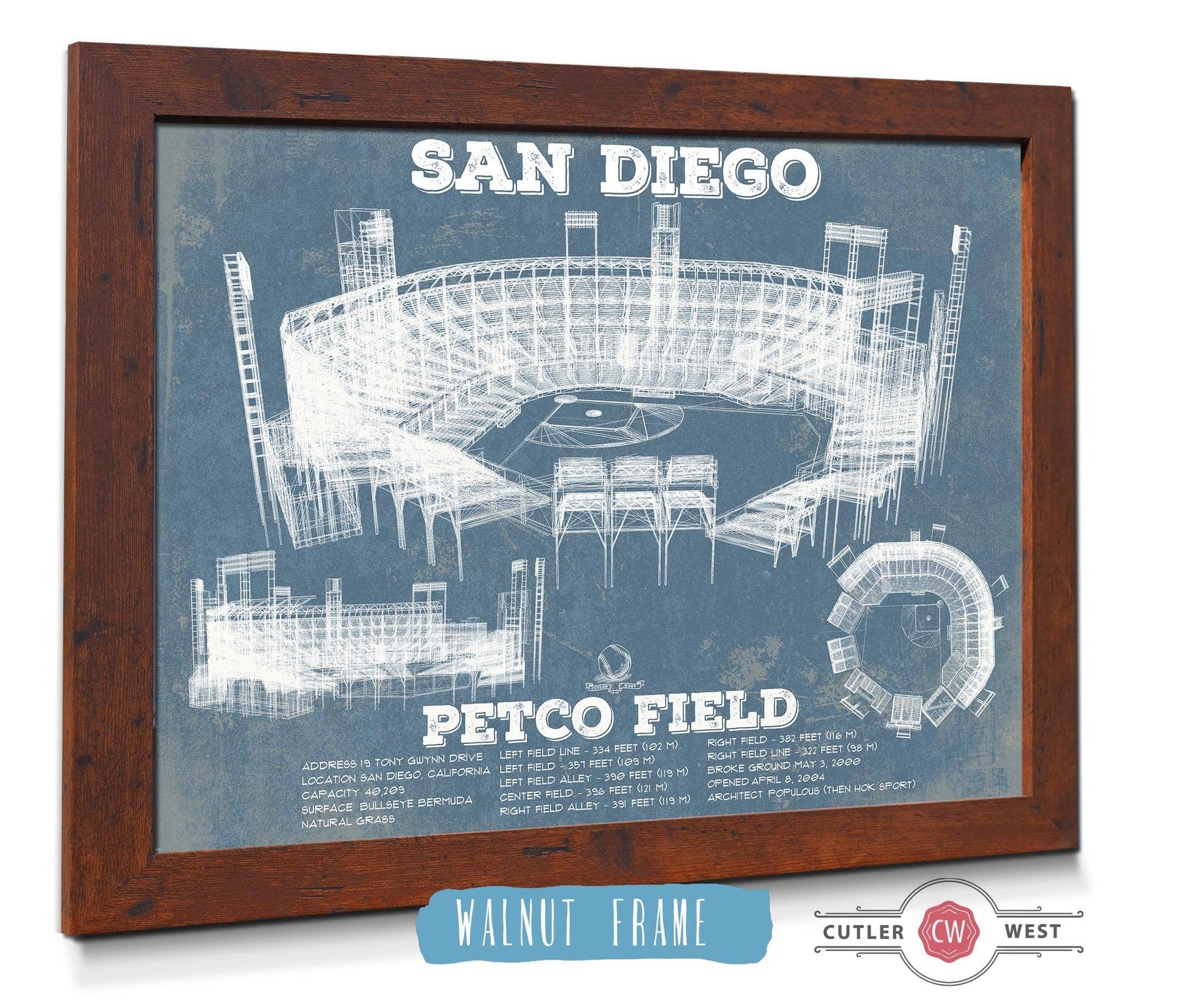 Cutler West 14" x 11" / Walnut Frame San Diego Padres - Petco Park Vintage Stadium Blueprint Baseball Print 744808455-TOP