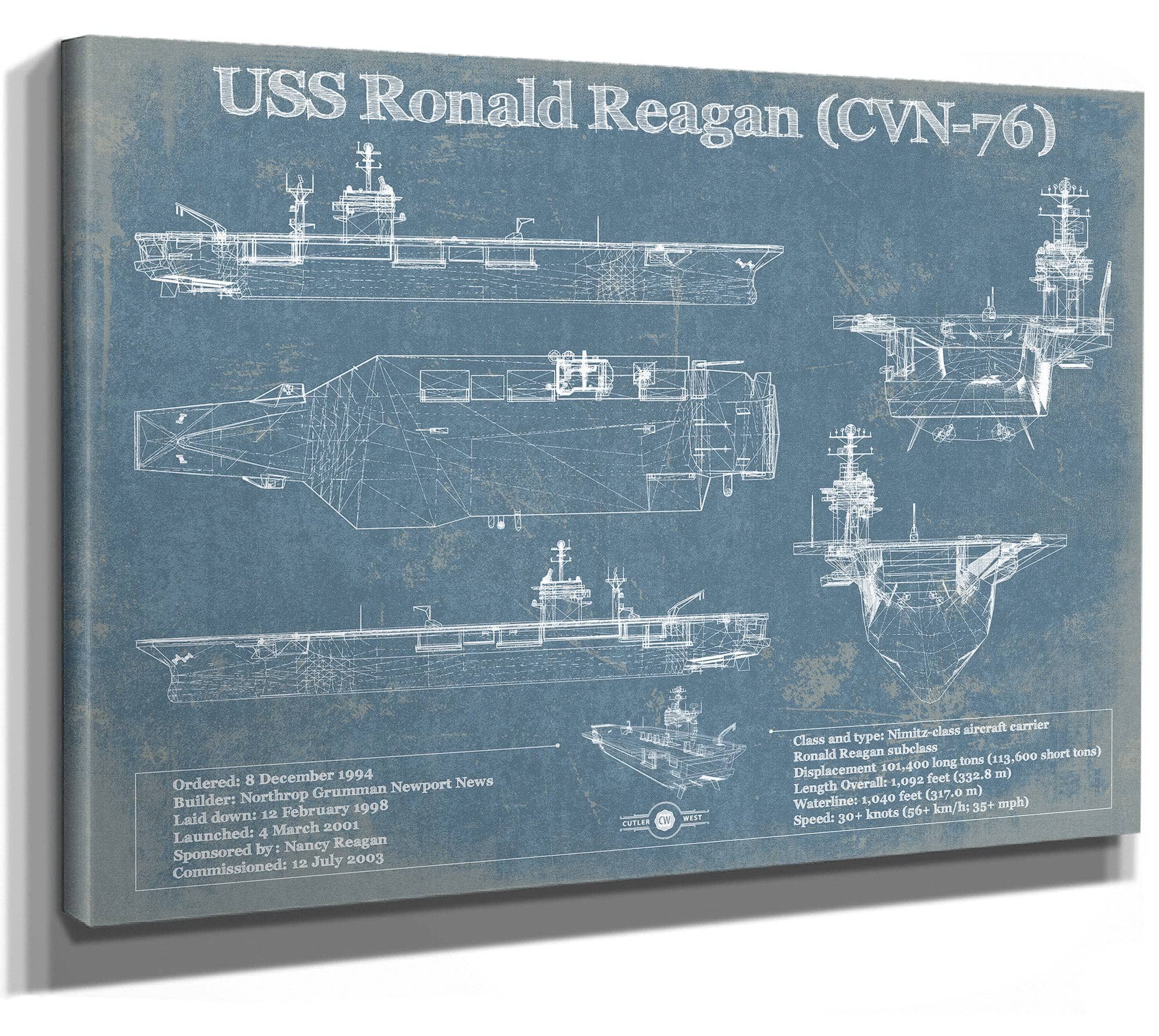USS Ronald Reagan (CVN-76) Blueprint Original Military Wall Art - Customizable