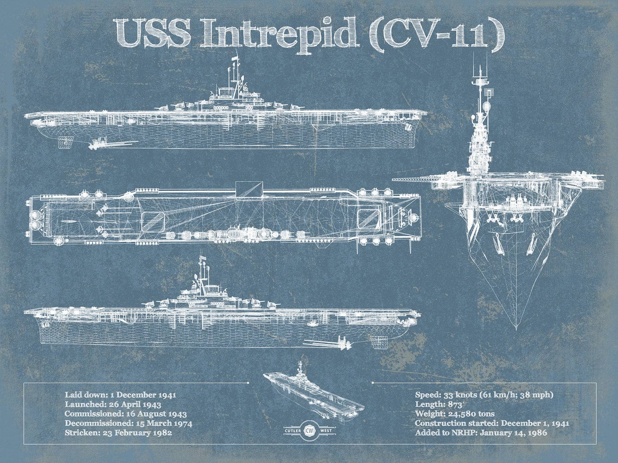 USS Intrepid (CV-11) Aircraft Carrier Blueprint Original Military Wall Art - Customizable