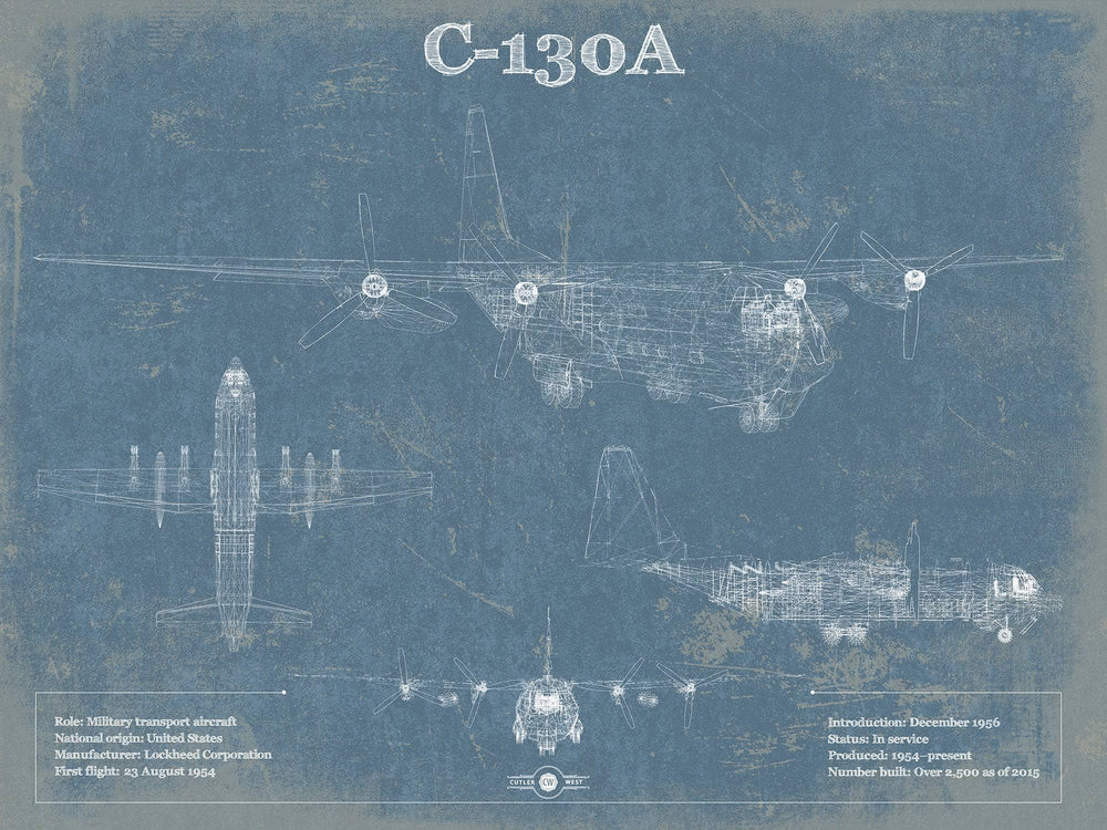 14" x 11" / Stretched Canvas Wrap Cutler West AC-130A Vintage Aviation Blueprint Military Print