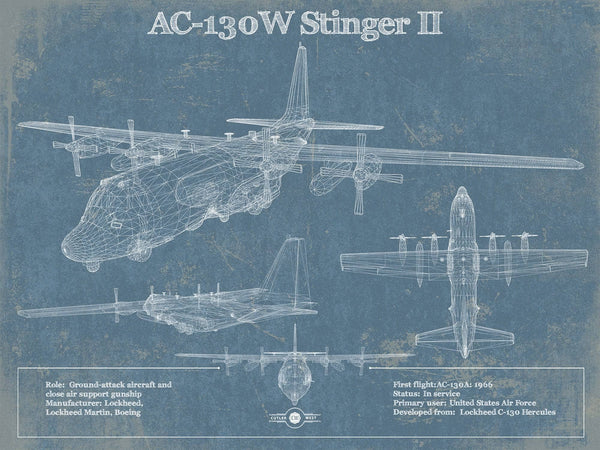 14" x 11" / Unframed Cutler West AC-130W Stinger II Vintage Aviation Blueprint Military Print