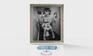 Toilet Humor - Girl Drinking on Toilet Vintage Framed Print