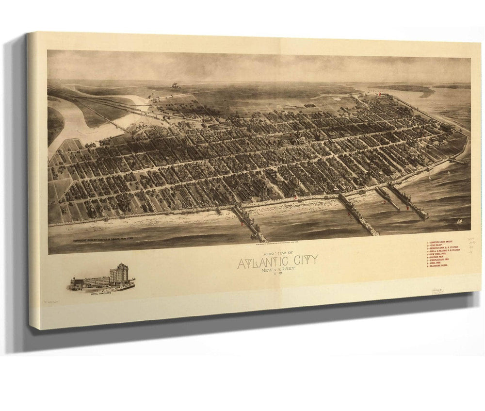24" x 16" / Stretched Canvas Wrap Cutler West Aero View Of Atlantic City New Jersey 1909  State Of New Jersey
