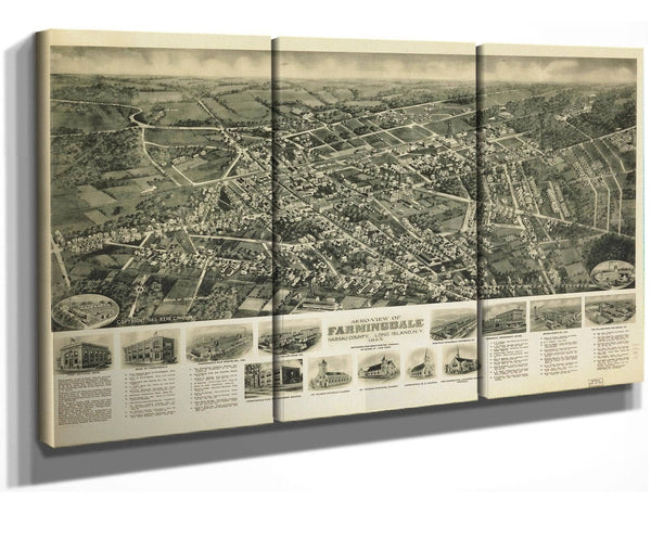 36" x 24" / 3 Panel Canvas Wrap Cutler West Aero View Of Farmingdale Nassau County Long Island Ny 1925  State Of New York