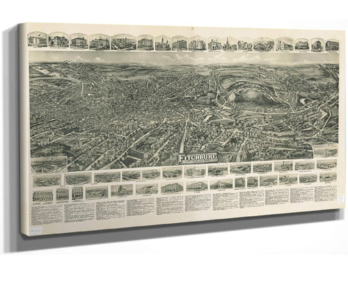 24" x 16" / Stretched Canvas Wrap Cutler West Aero View Of Fitchburg Massachusetts 1915  State Of Massachusetts