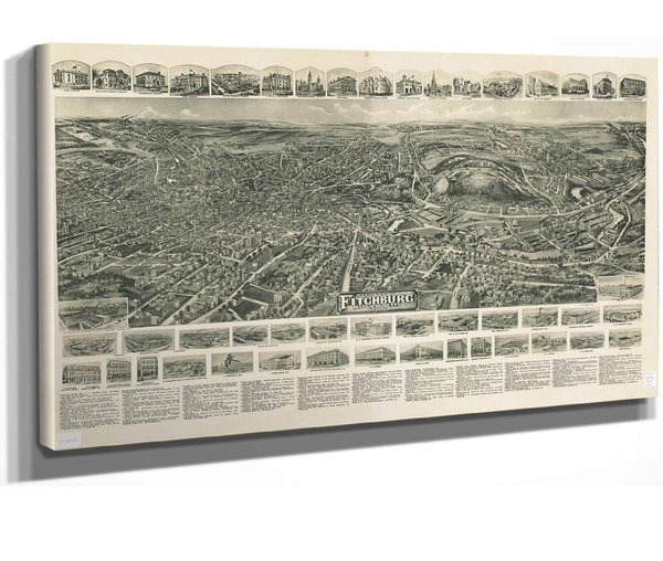 24" x 16" / Stretched Canvas Wrap Cutler West Aero View Of Fitchburg Massachusetts 1915  State Of Massachusetts