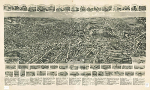 24" x 16" / Unframed Cutler West Aero View Of Fitchburg Massachusetts 1915  State Of Massachusetts